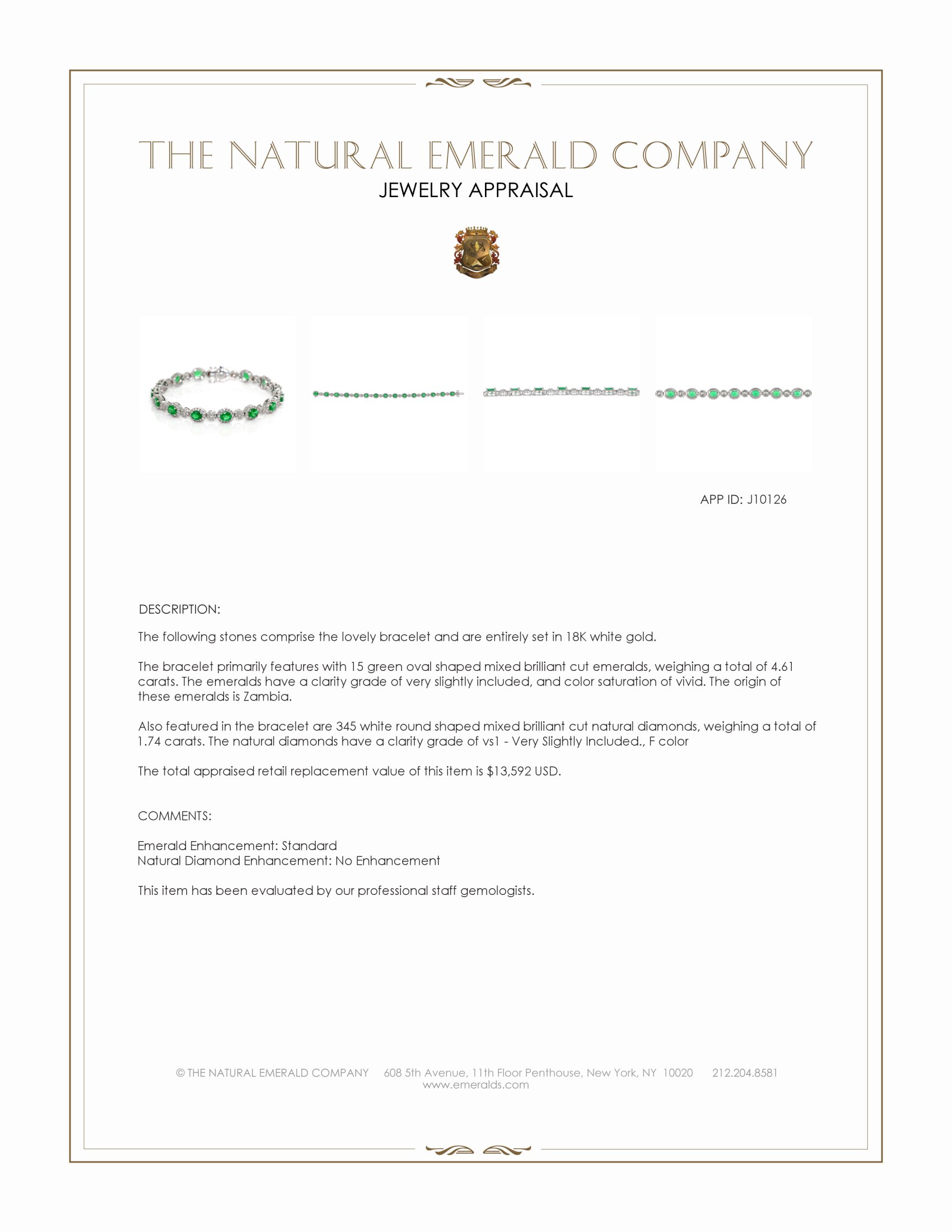 4.61 Ct.Tw. Emerald and Natural Diamond Pave Bracelet, 18K White Gold