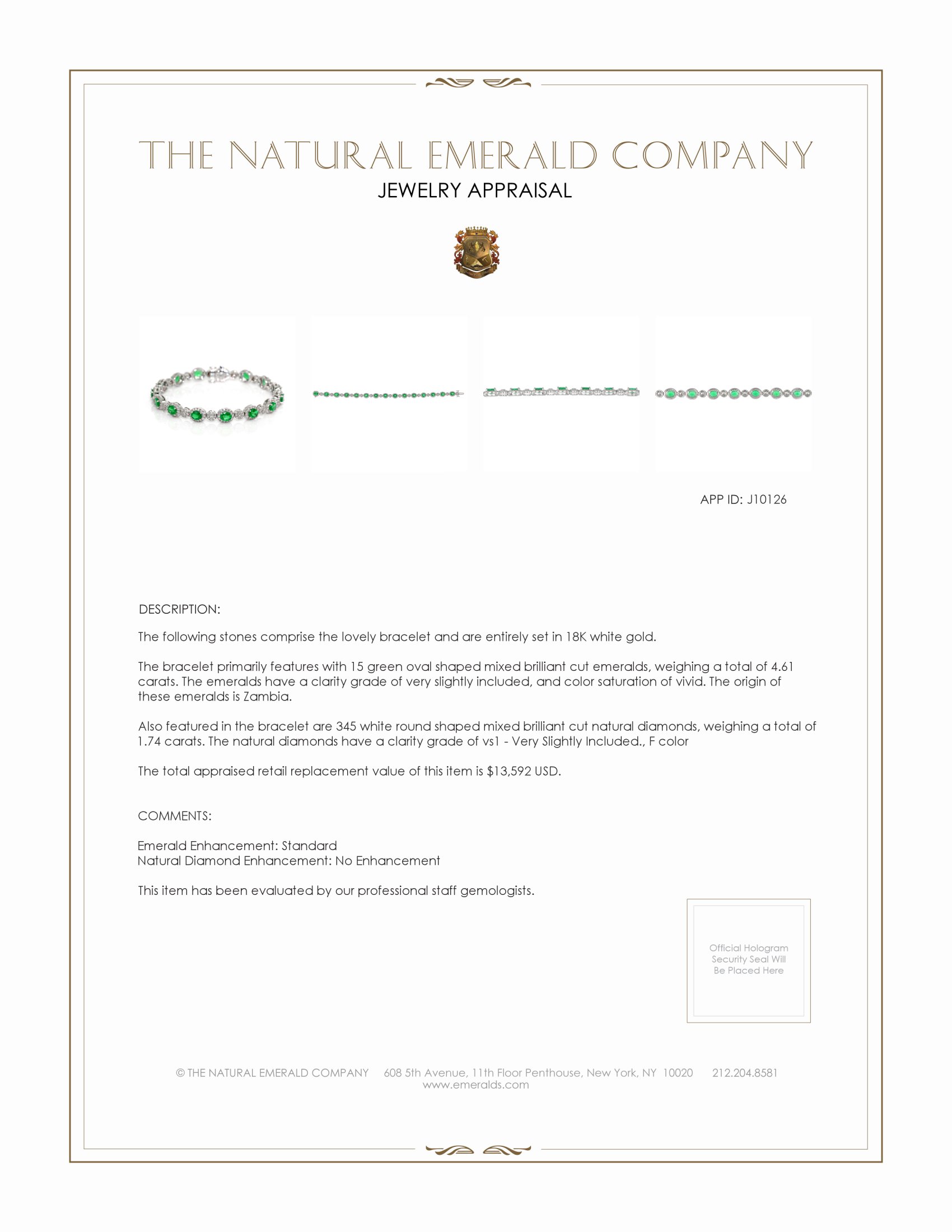 4.61 Ct.Tw. Emerald Natural Diamond Pave Bracelet, 18K White Gold