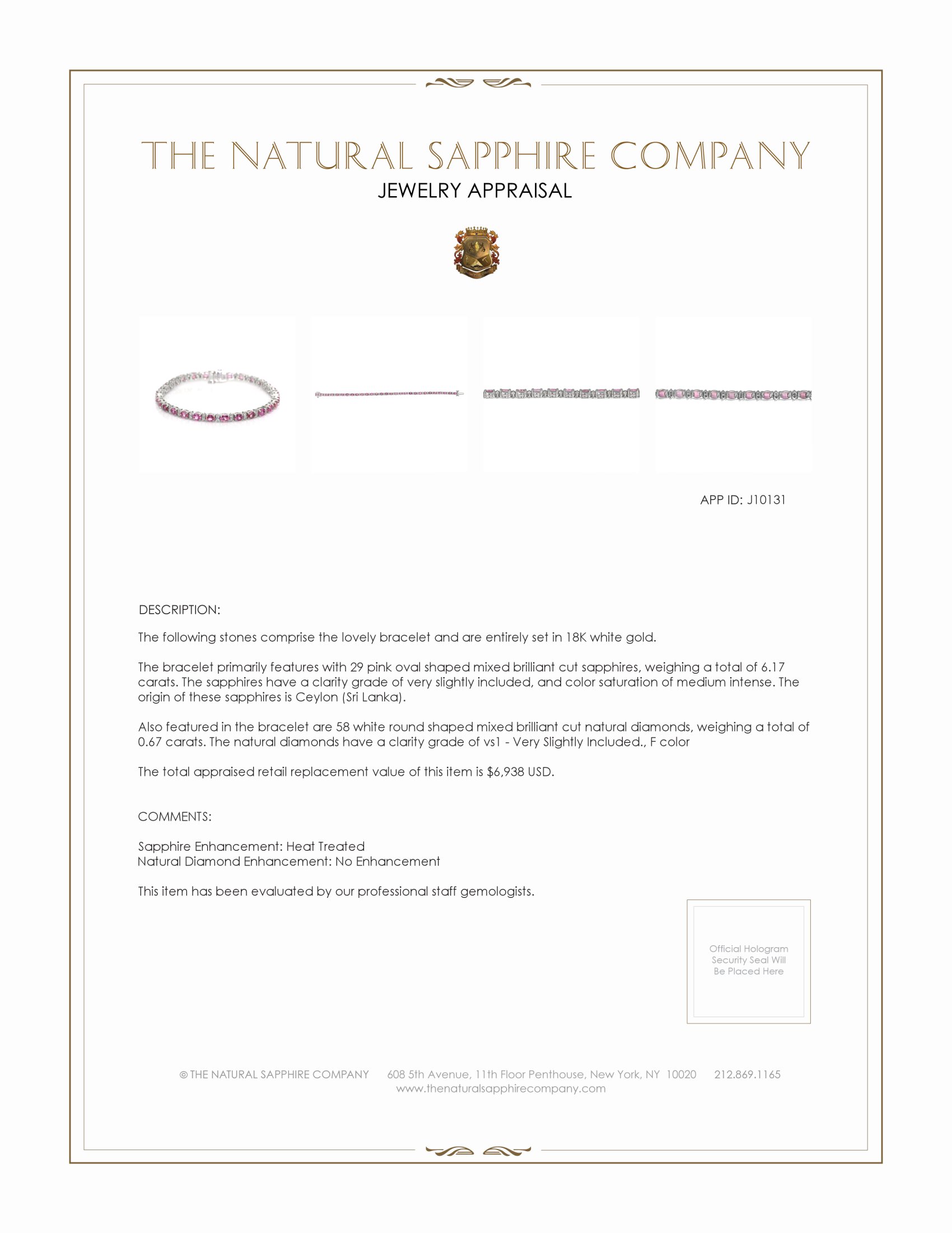 6.17 Ct.Tw. Pink Sapphire and Natural Diamond Pave Bracelet, 18K White Gold