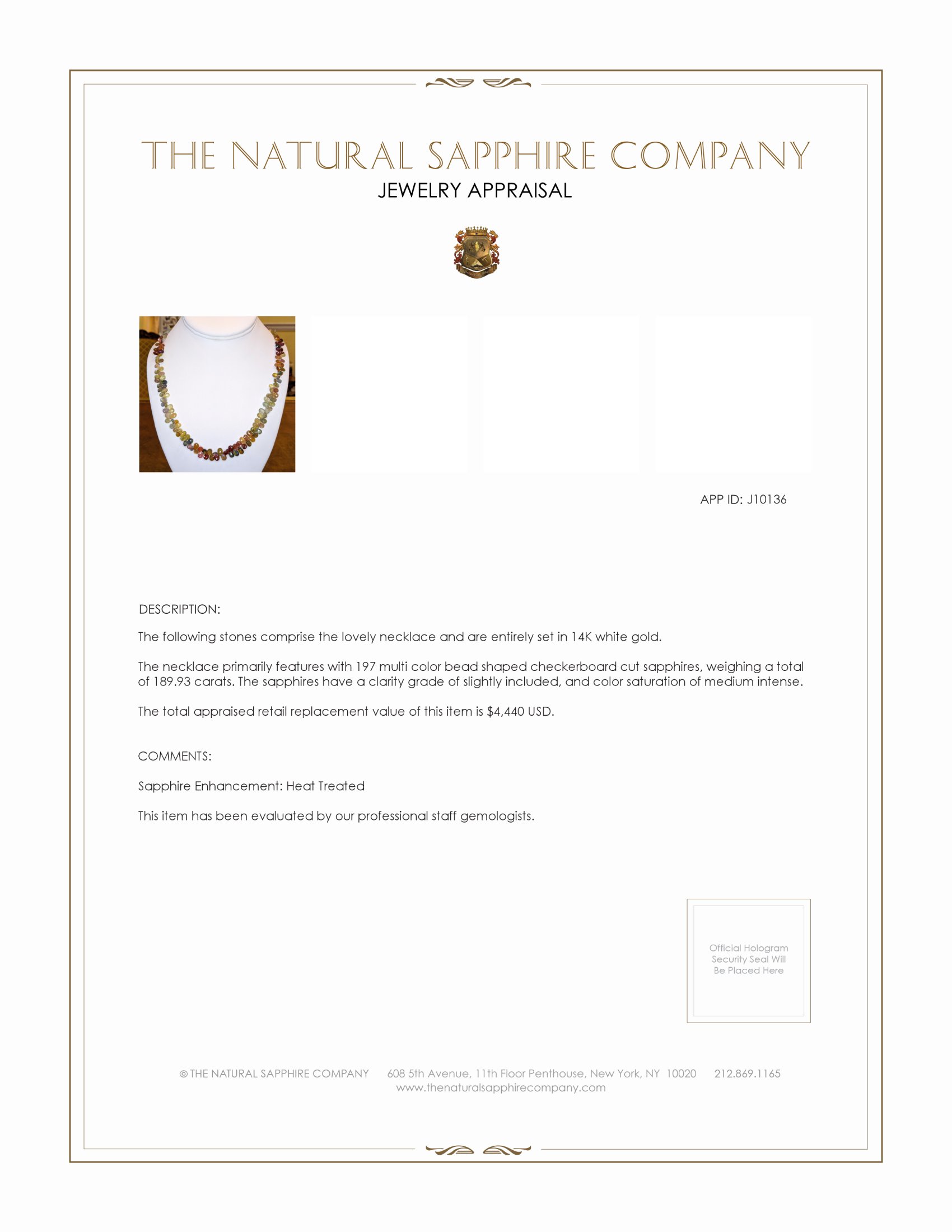 189.93 Ct. Multi Color Sapphire Multi Stone Necklace, 14K White Gold