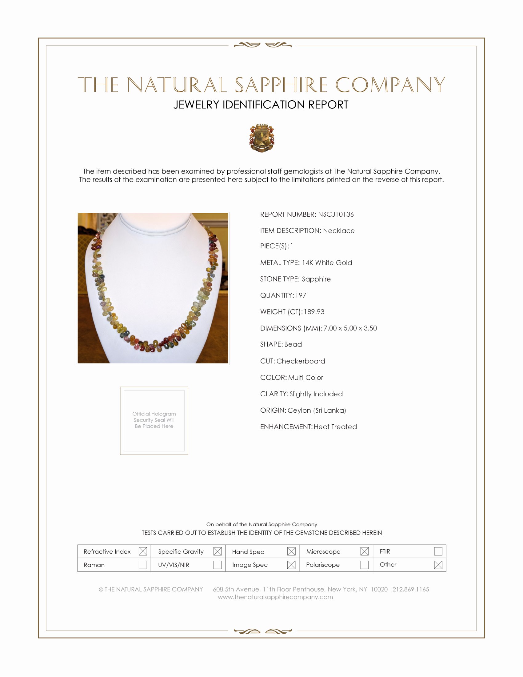 189.93 Ct. Multi Color Sapphire Multi Stone Necklace, 14K White Gold