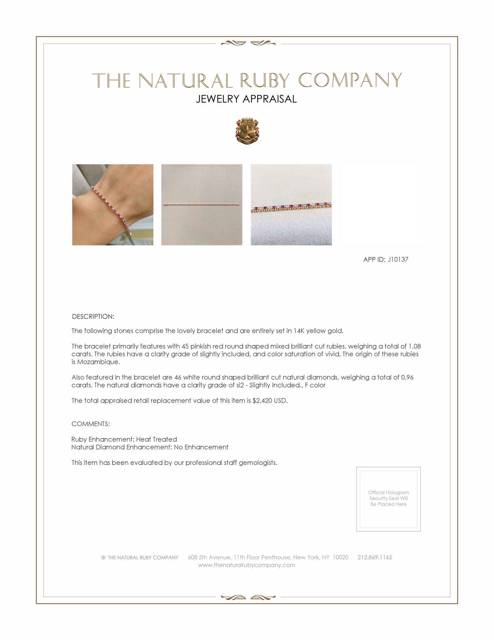 1.08 Ct.Tw. Ruby Natural Diamond Tennis/Line Bracelet, 14K Yellow Gold