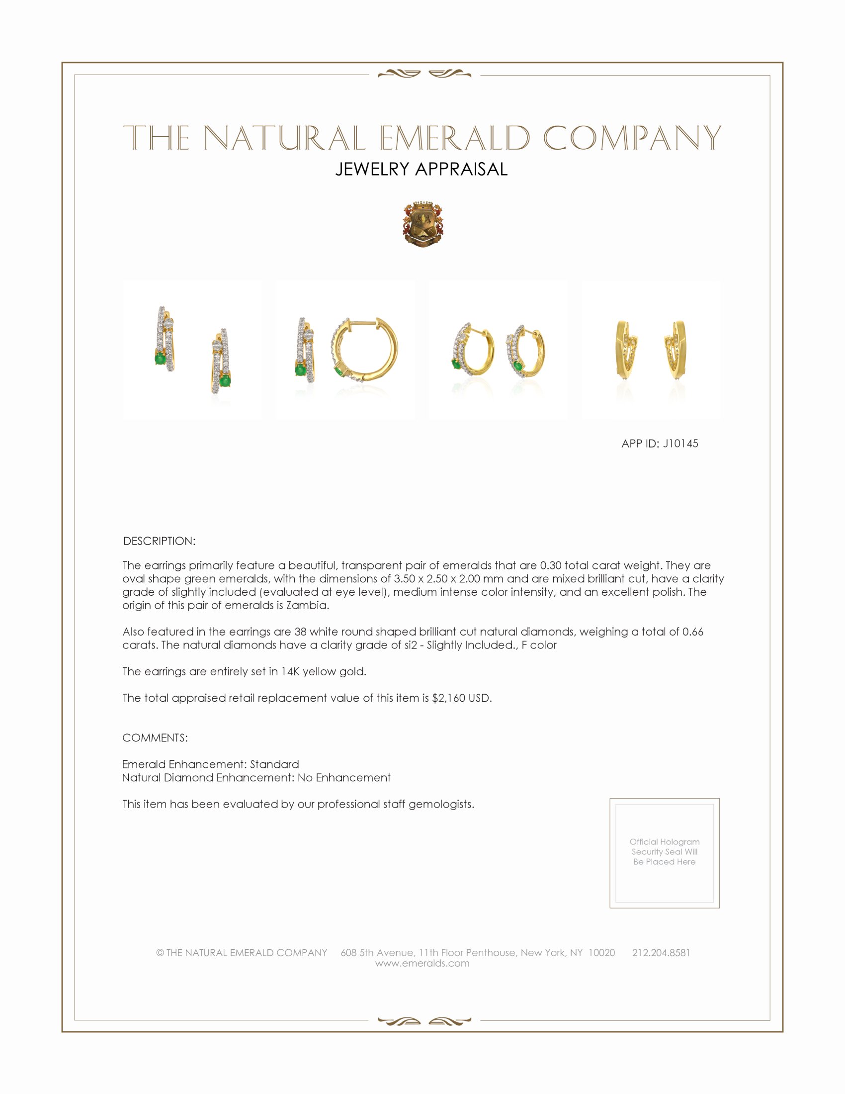0.30 Ct.Tw. Emerald and Natural Diamond Hoops Earrings, 14K Yellow Gold