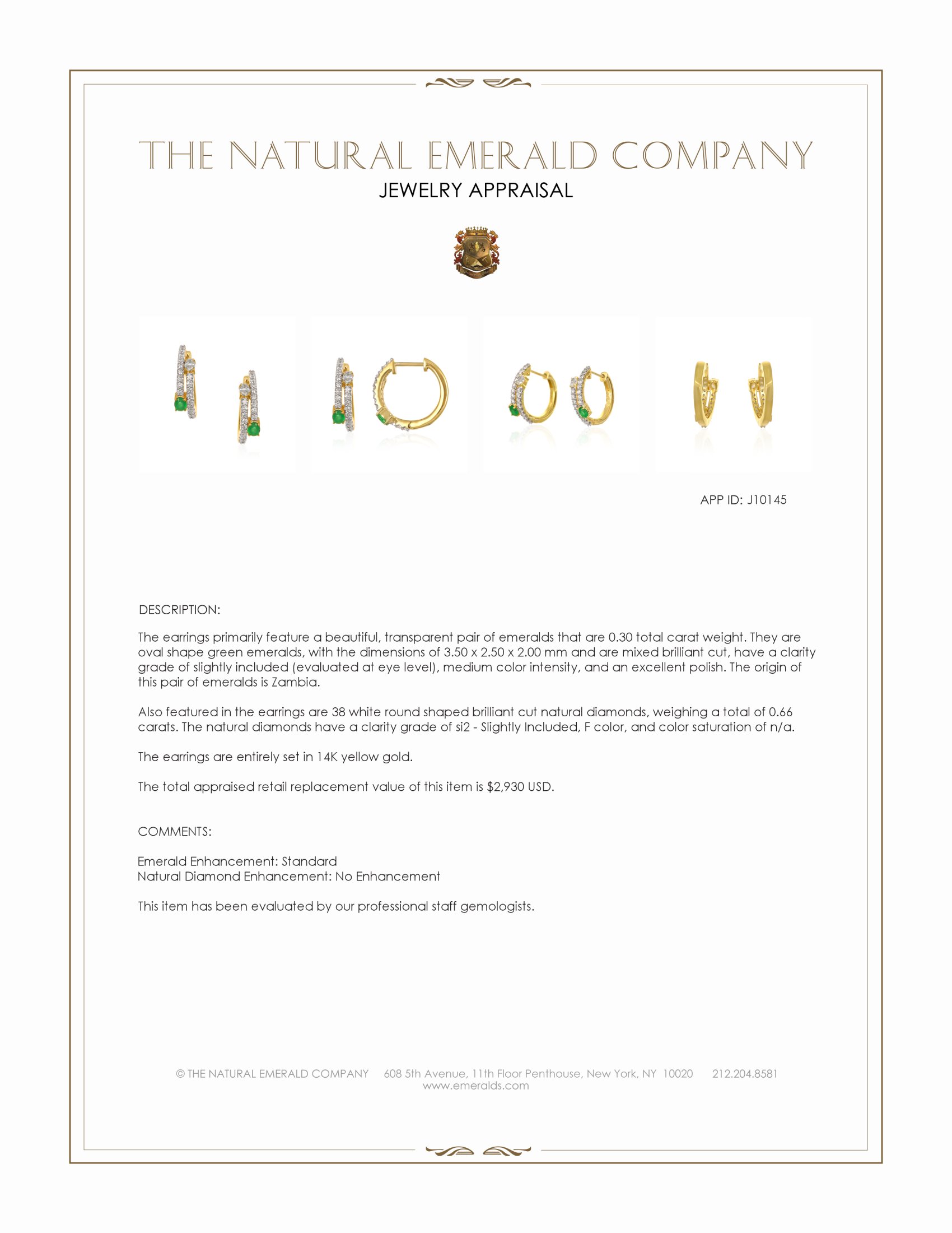 0.30 Ct.Tw. Emerald and Natural Diamond Hoops Earrings, 14K Yellow Gold