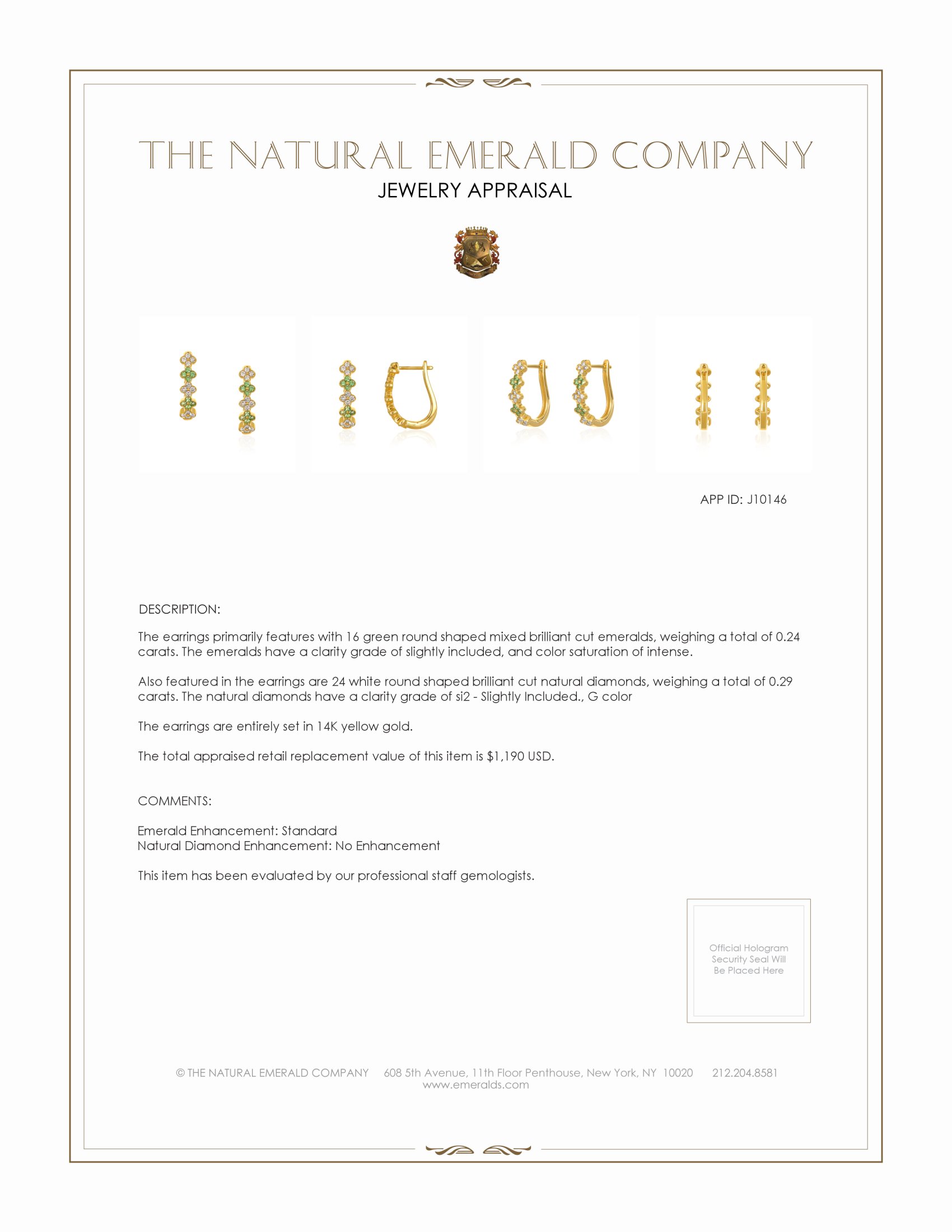 0.24 Ct.Tw. Emerald and Natural Diamond Hoops Earrings, 14K Yellow Gold