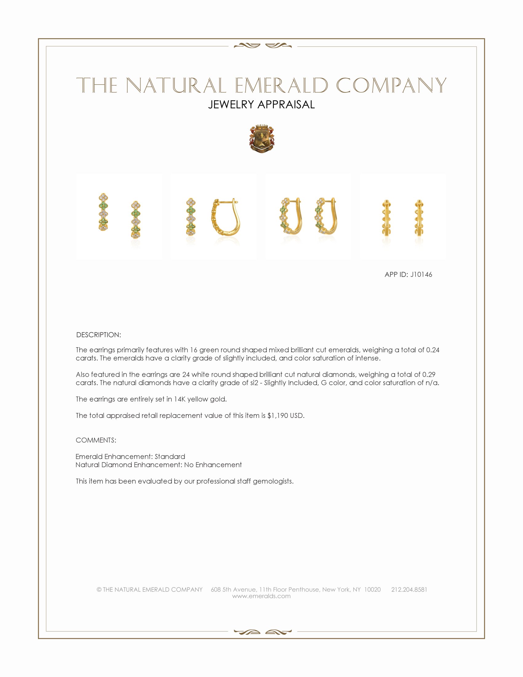 0.24 Ct.Tw. Emerald and Natural Diamond Hoops Earrings, 14K Yellow Gold