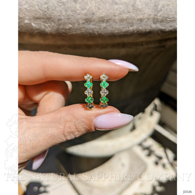 0.24 Ct.Tw. Emerald Natural Diamond Hoops Earrings, 14K Yellow Gold