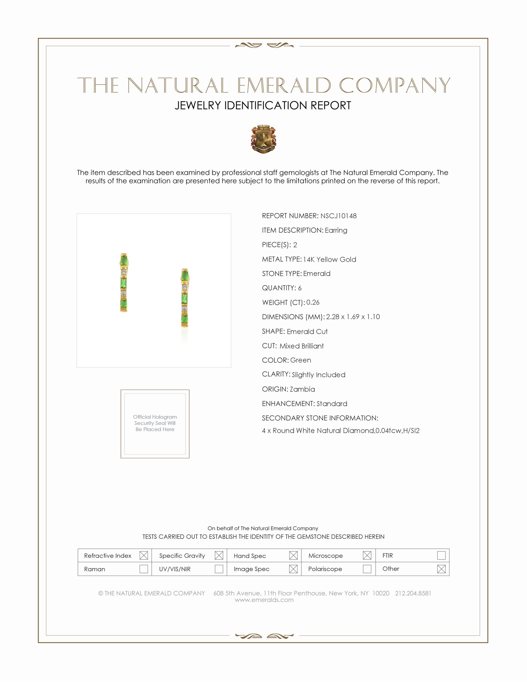 0.26 Ct.Tw. Emerald and Natural Diamond Hoops Earrings, 14K Yellow Gold