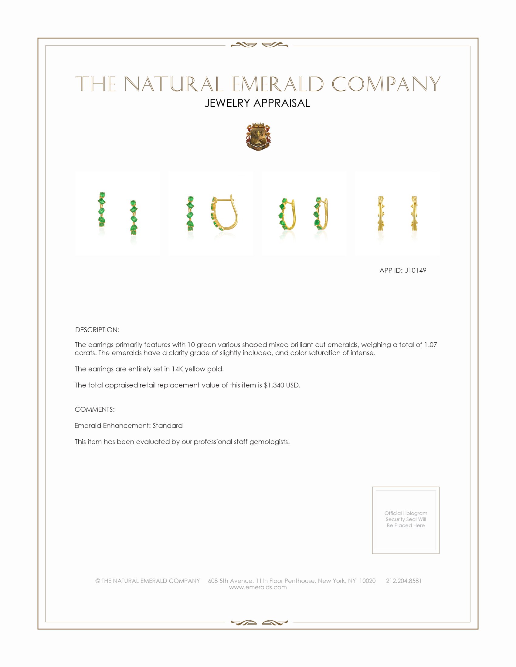 1.07 Ct.Tw. Emerald Hoops Earrings, 14K Yellow Gold