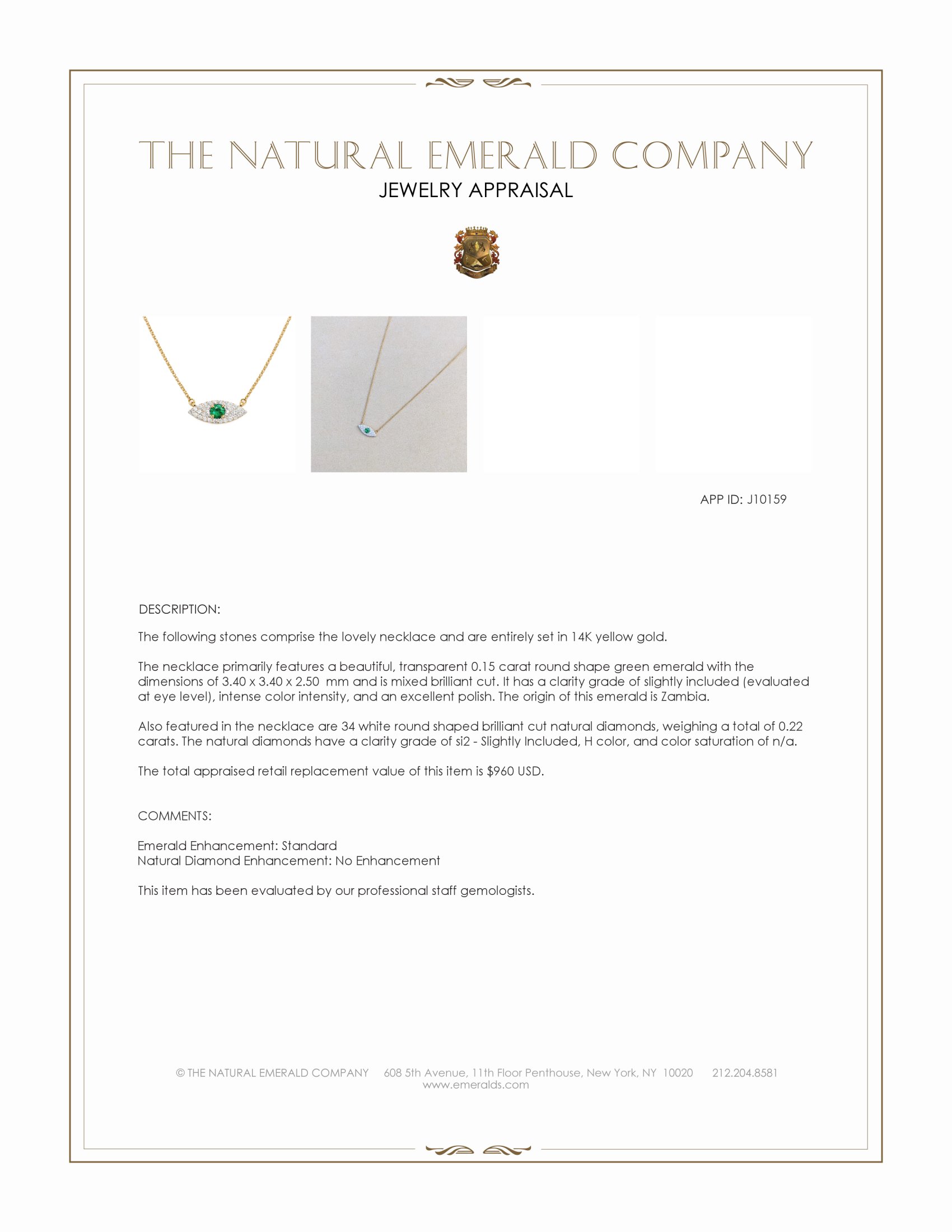 0.15 Ct. Emerald and Natural Diamond Halo Necklace, 14K Yellow Gold