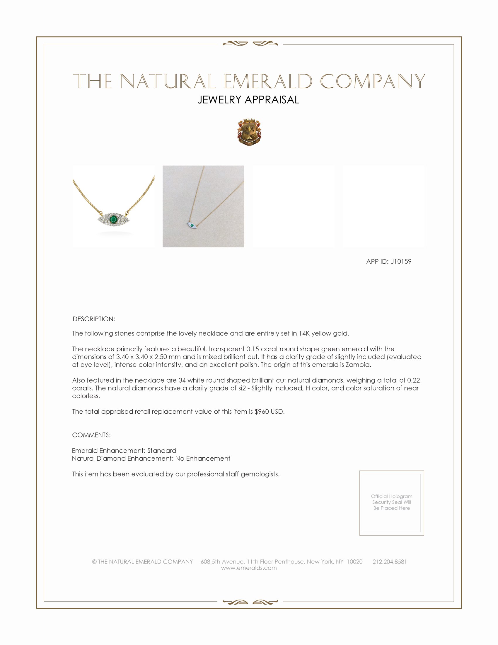 0.15 Ct. Emerald Natural Diamond Halo Necklace, 14K Yellow Gold
