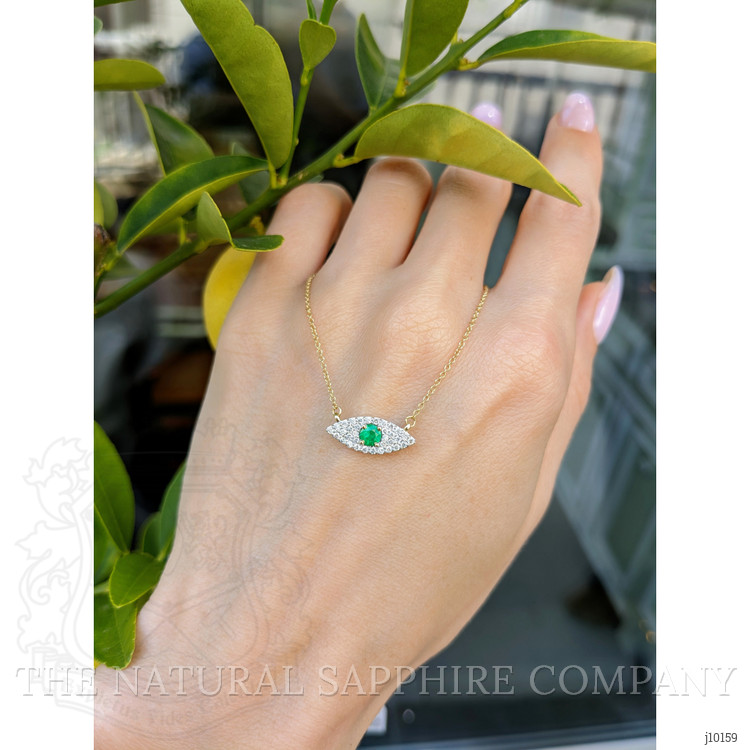 0.15 Ct. Emerald Natural Diamond Halo Necklace, 14K Yellow Gold