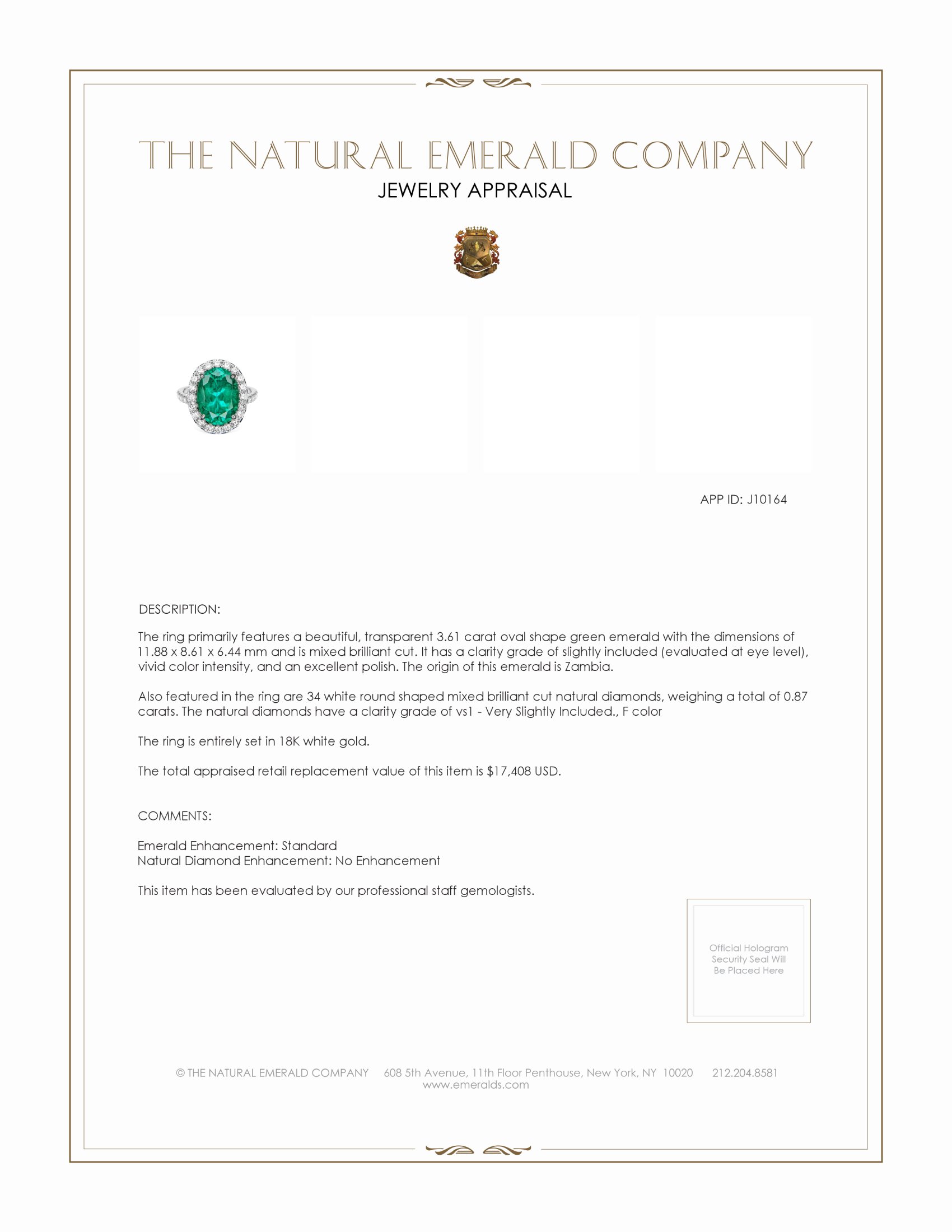 3.61 Ct. Emerald and Natural Diamond Pave Ring, 18K White Gold