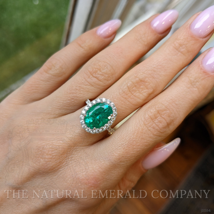 3.61 Ct. Emerald and Natural Diamond Pave Ring, 18K White Gold