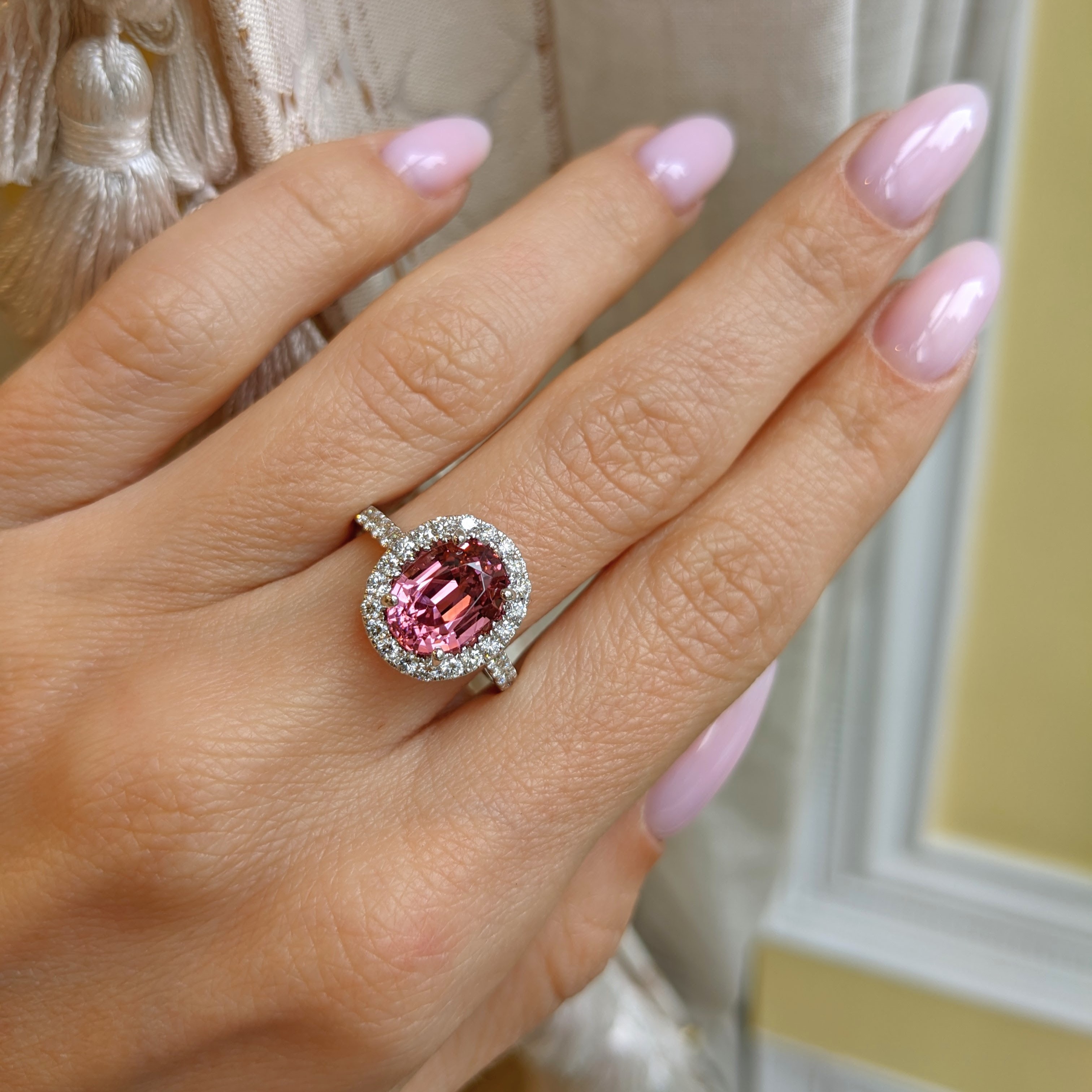 Pink Spinel and Natural Diamond Pave Ring - Oval 3.49 Ct. - 18K