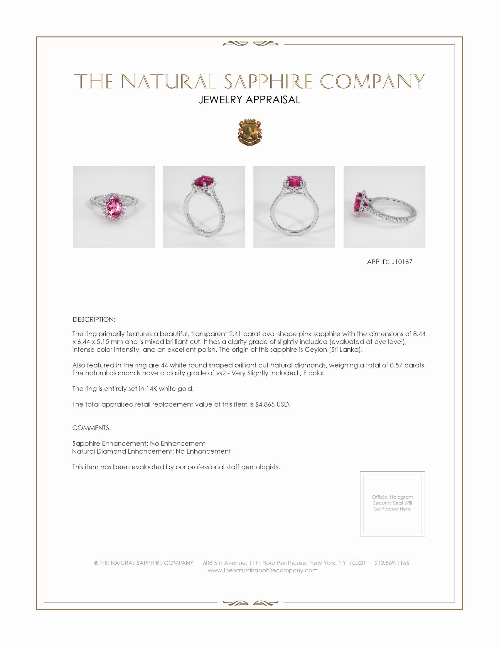 2.41 Ct. Pink Sapphire and Natural Diamond Pave Ring, 14K White Gold