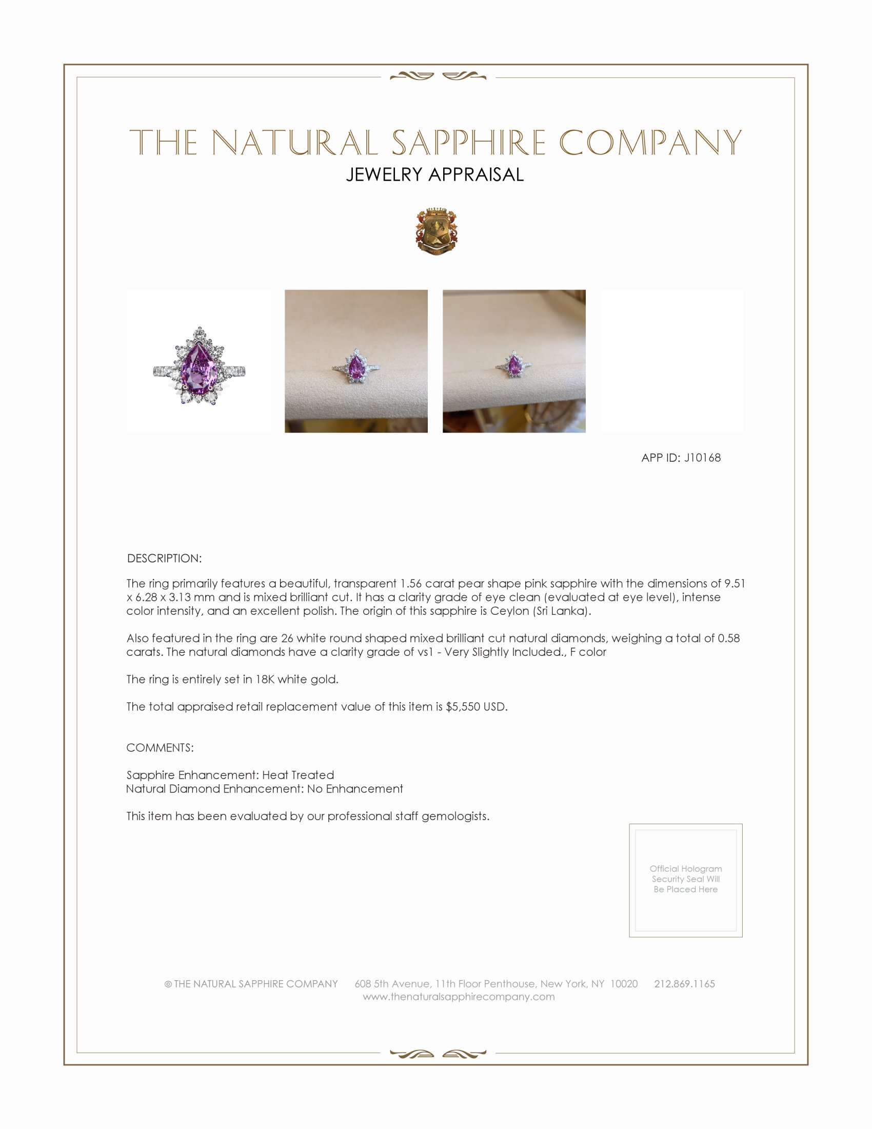 1.56 Ct. Pink Sapphire and Natural Diamond Pave Ring, 18K White Gold