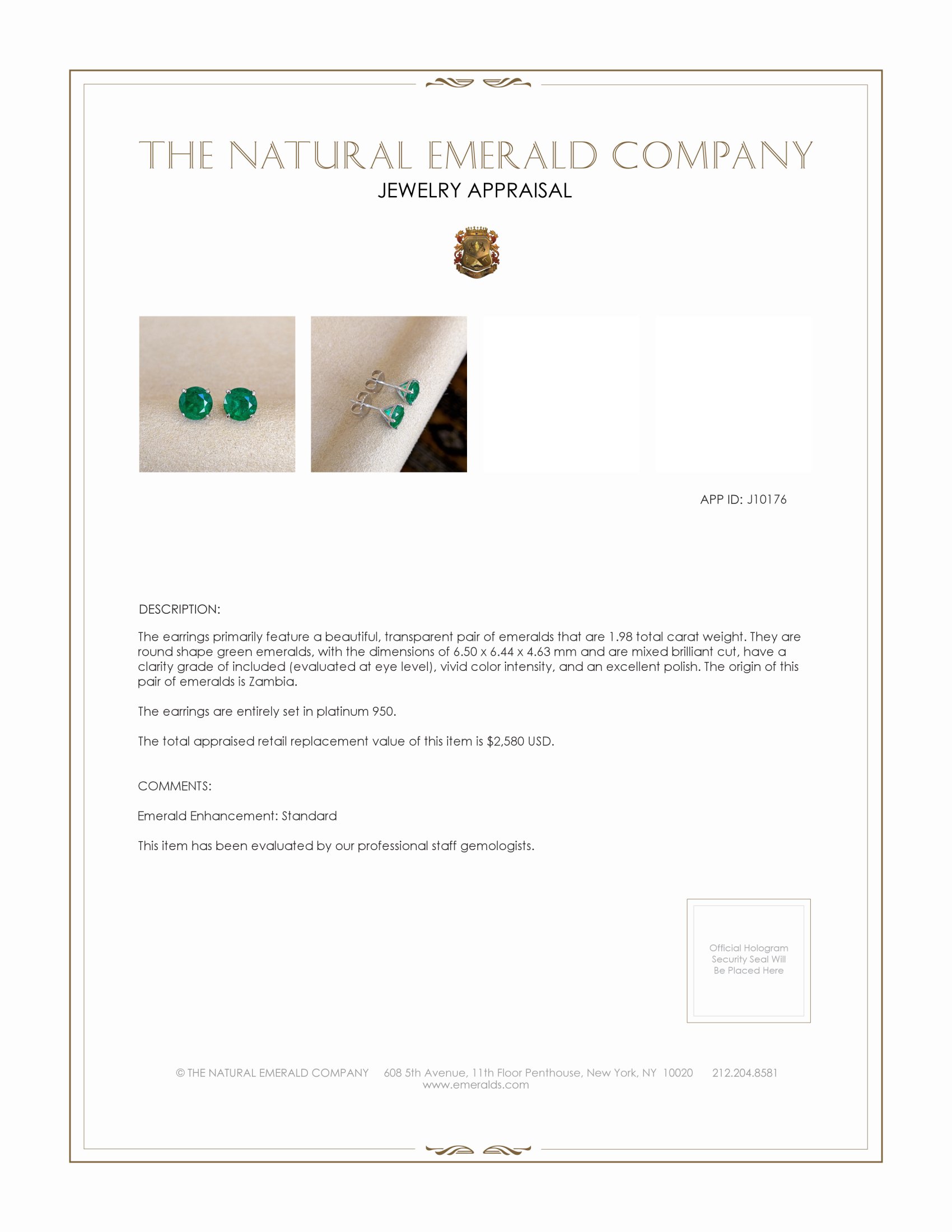 1.98 Ct.Tw. Emerald Studs Earrings, Platinum 950