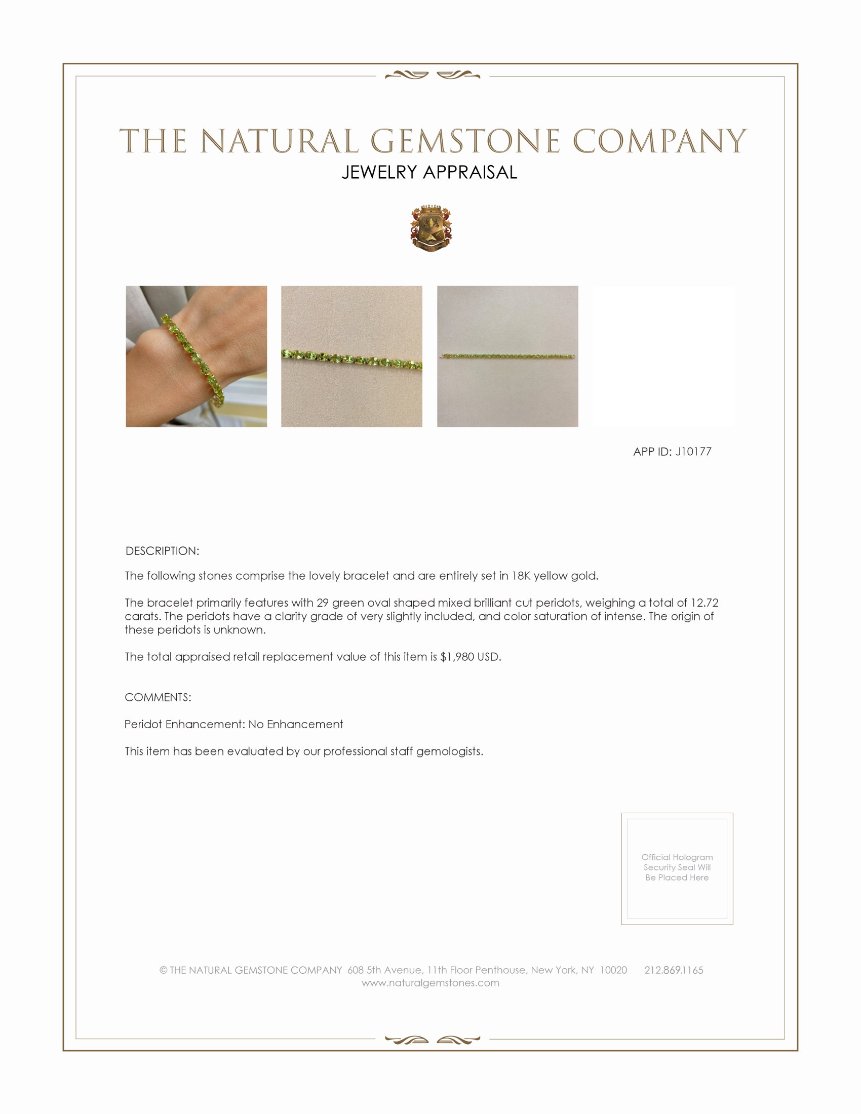 12.72 Ct.Tw. Green (Lime Green) Peridot Tennis/Line Bracelet, 14K Yellow Gold