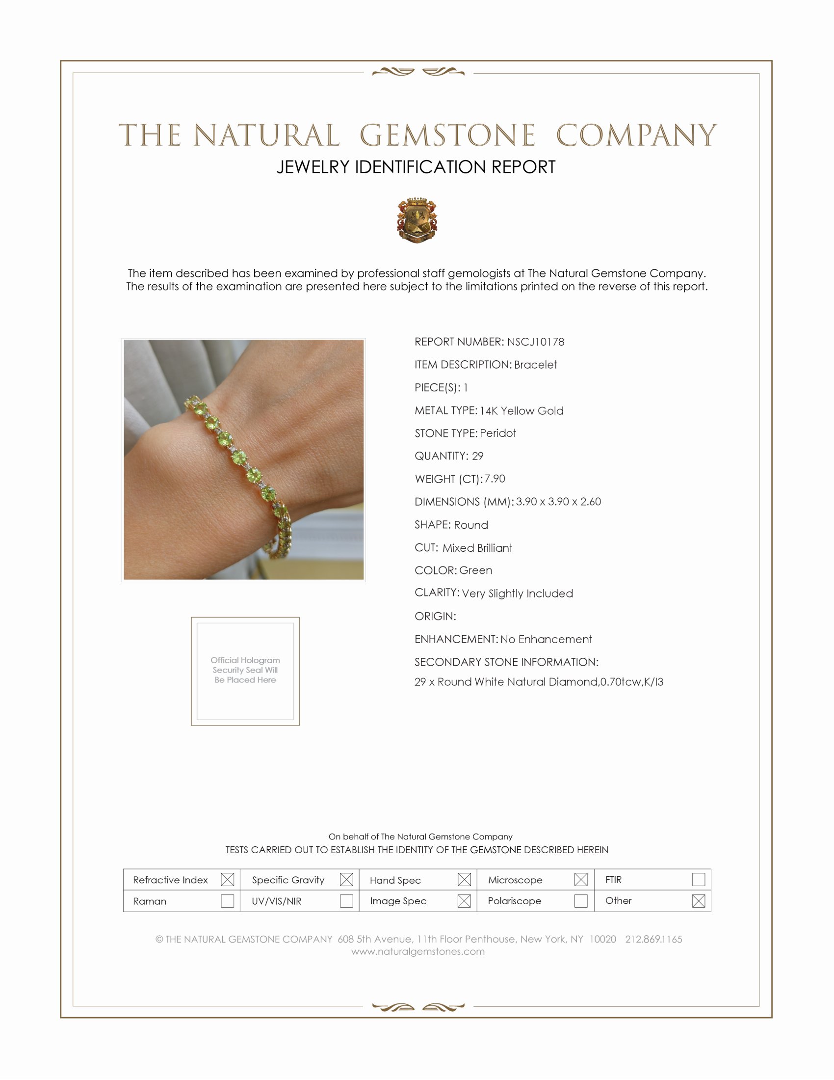 7.90 Ct.Tw. Green Peridot and Natural Diamond Tennis/Line Bracelet, 14K Yellow Gold