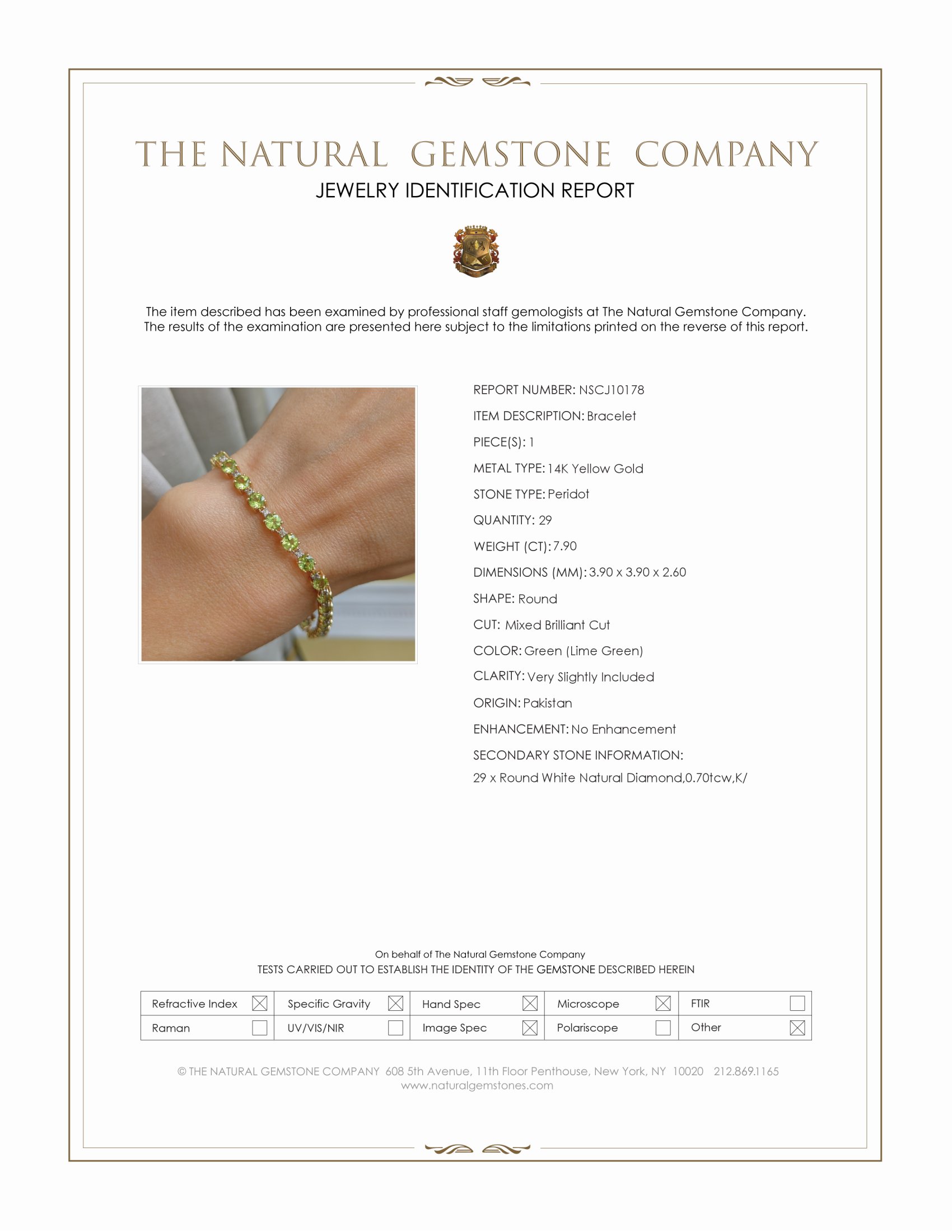 7.90 Ct.Tw. Green (Lime Green) Peridot and Natural Diamond Tennis/Line Bracelet, 14K Yellow Gold