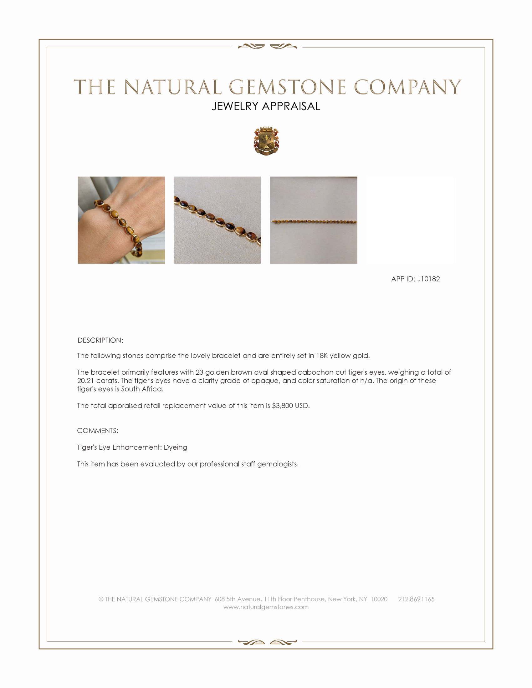 20.21 Ct.Tw. Tiger's Eye Bezel Bracelet, 18K Yellow Gold