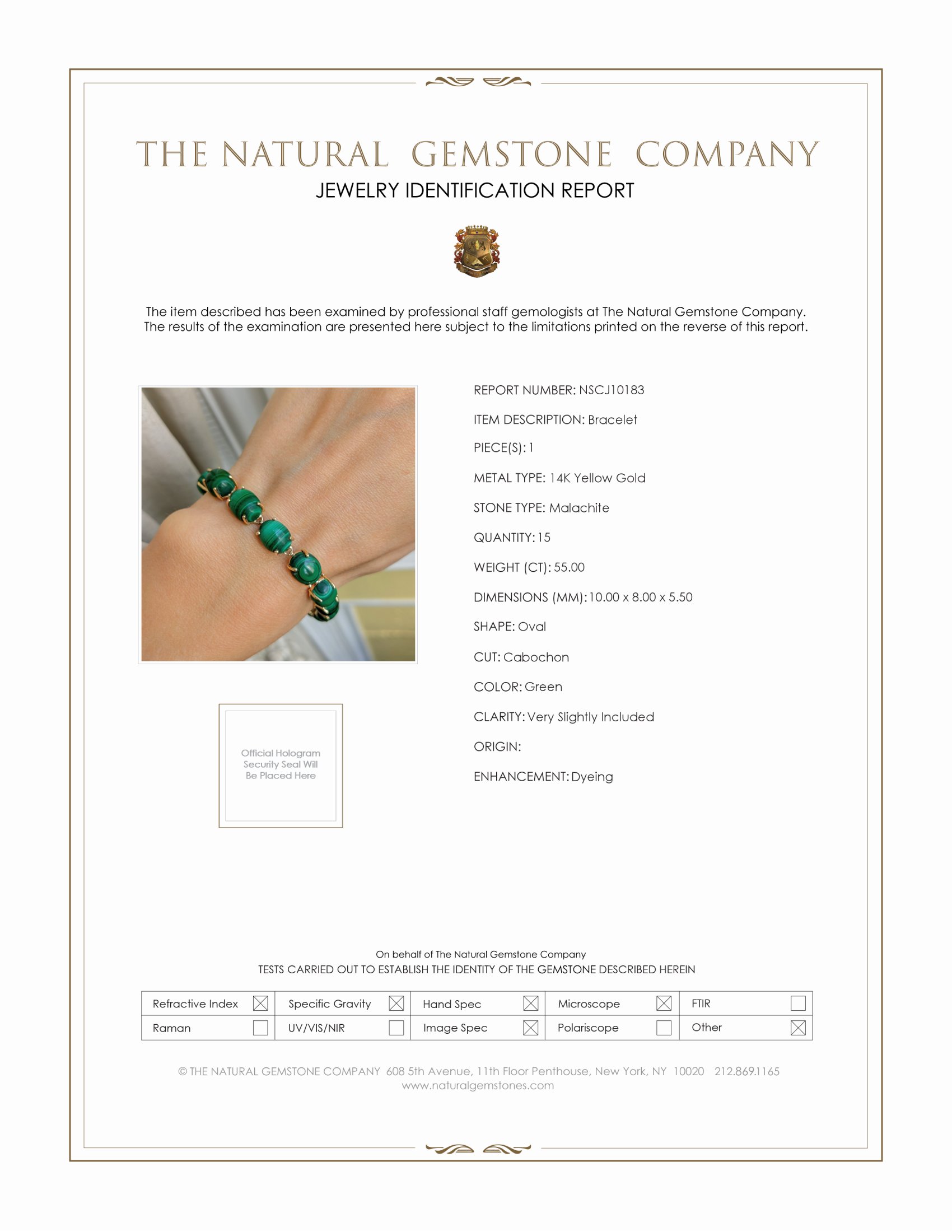 55.00 Ct.Tw. Malachite Tennis/Riviere Bracelet, 14K Yellow Gold