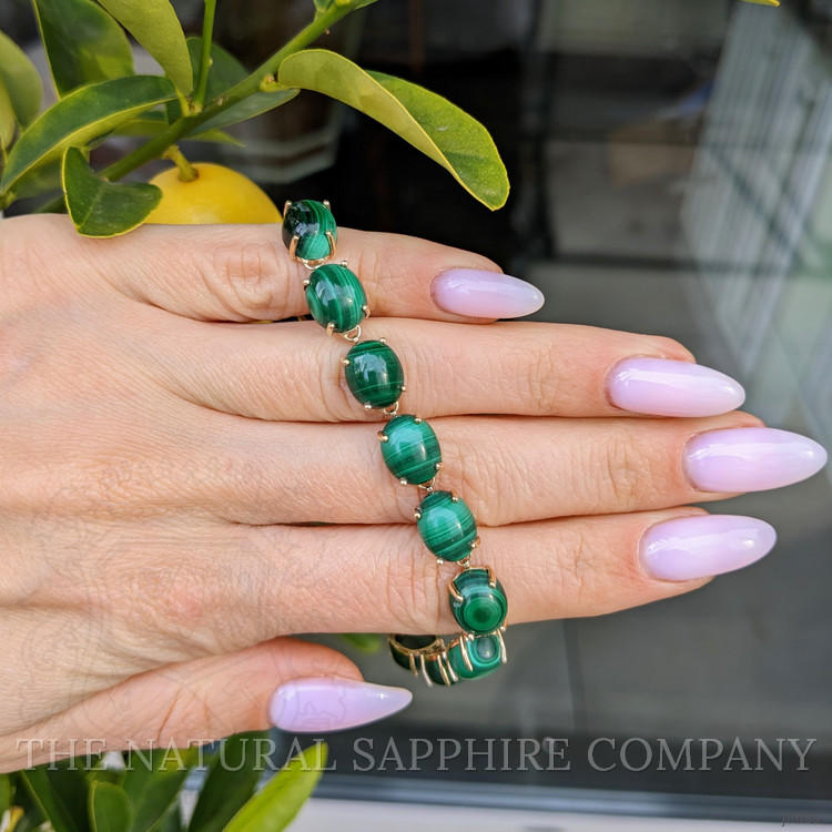 55.00 Ct.Tw. Malachite Tennis/Riviere Bracelet, 14K Yellow Gold