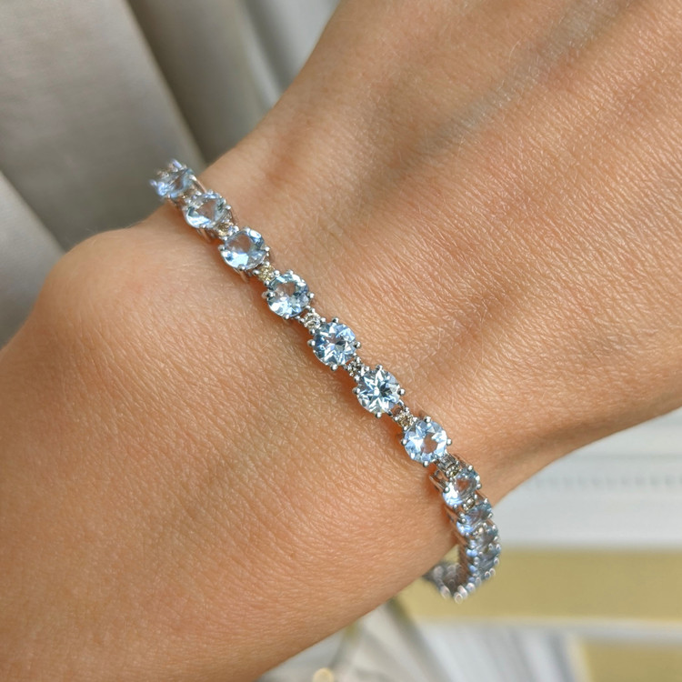 2.11 Ct.Tw. Aquamarine Natural Diamond Tennis/Line Bracelet, 14K White Gold