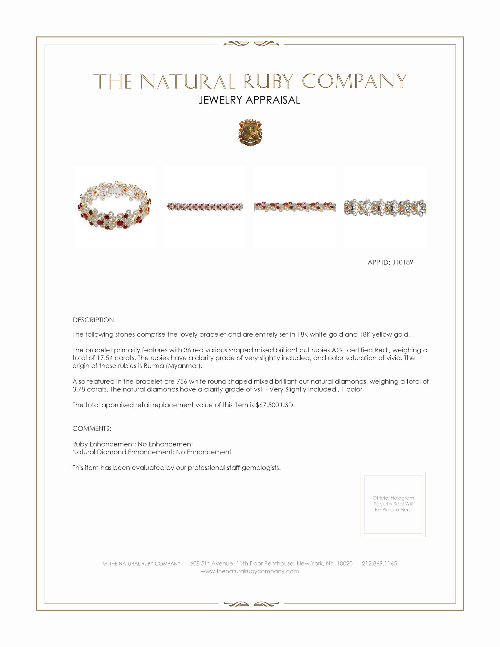 17.54 Ct.Tw. Ruby Natural Diamond Pave Bracelet, 18K White & Yellow