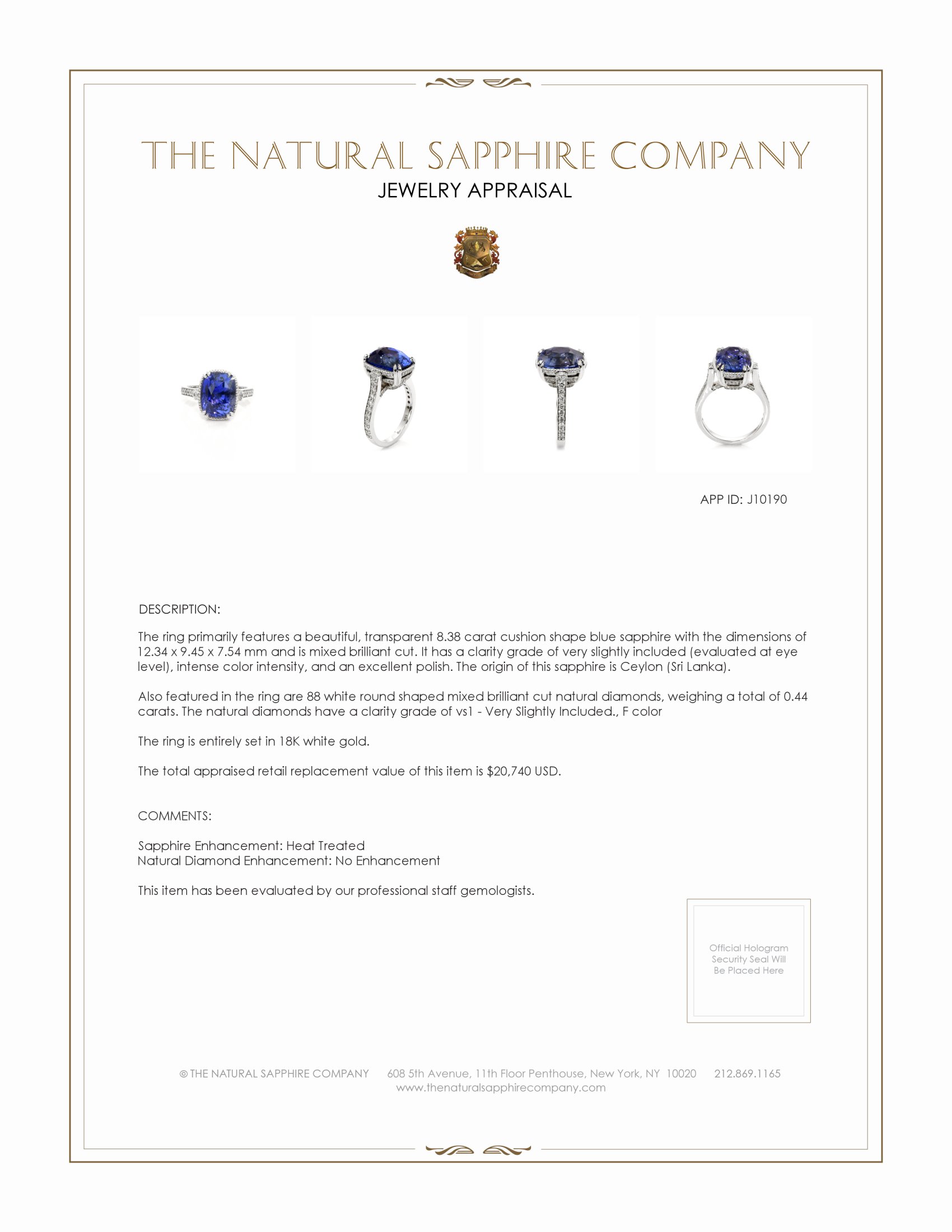 8.38 Ct. Blue Sapphire and Natural Diamond Pave Ring, 18K White Gold