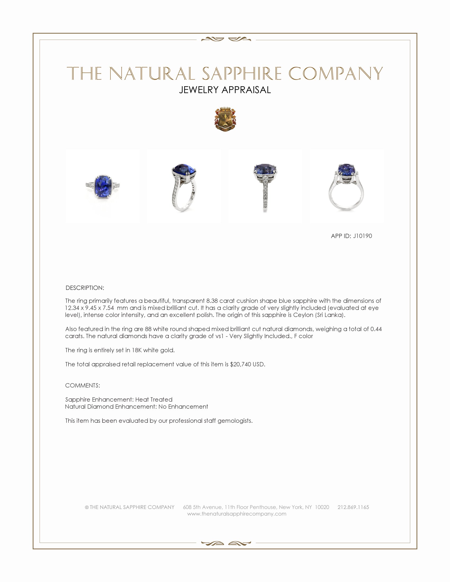 8.38 Ct. Blue Sapphire and Natural Diamond Pave Ring, 18K White Gold