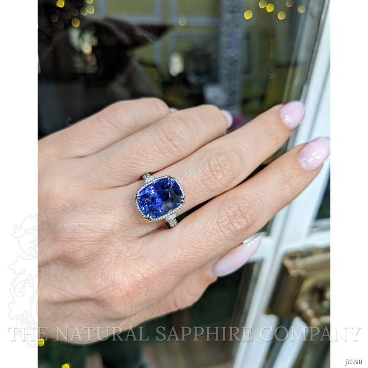 8.38 Ct. Blue Sapphire and Natural Diamond Pave Ring, 18K White Gold