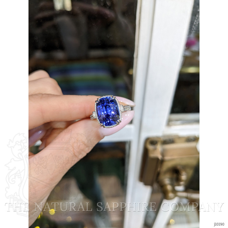 8.38 Ct. Blue Sapphire and Natural Diamond Pave Ring, 18K White Gold