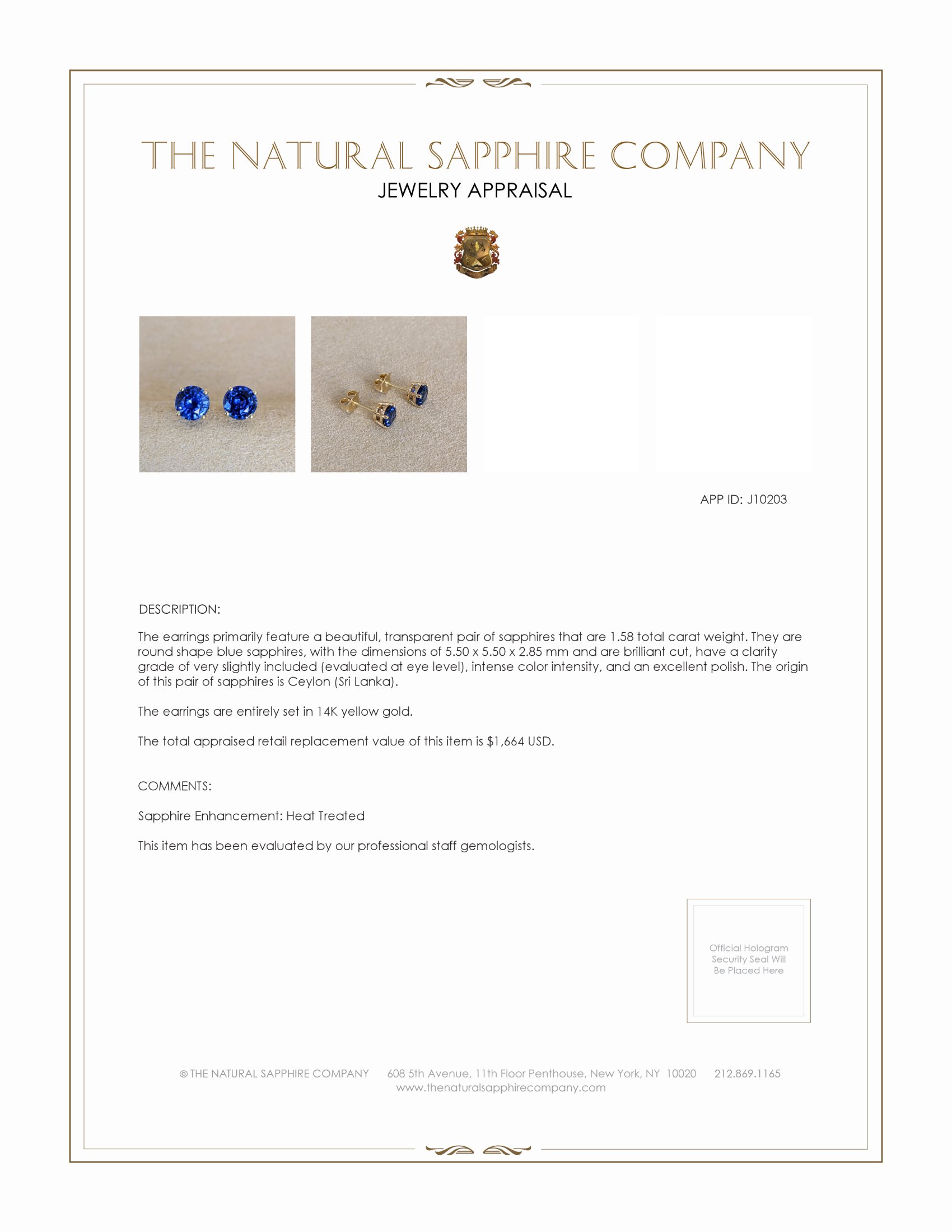 1.58 Ct.Tw. Blue Sapphire Studs Earrings, 14K Yellow Gold