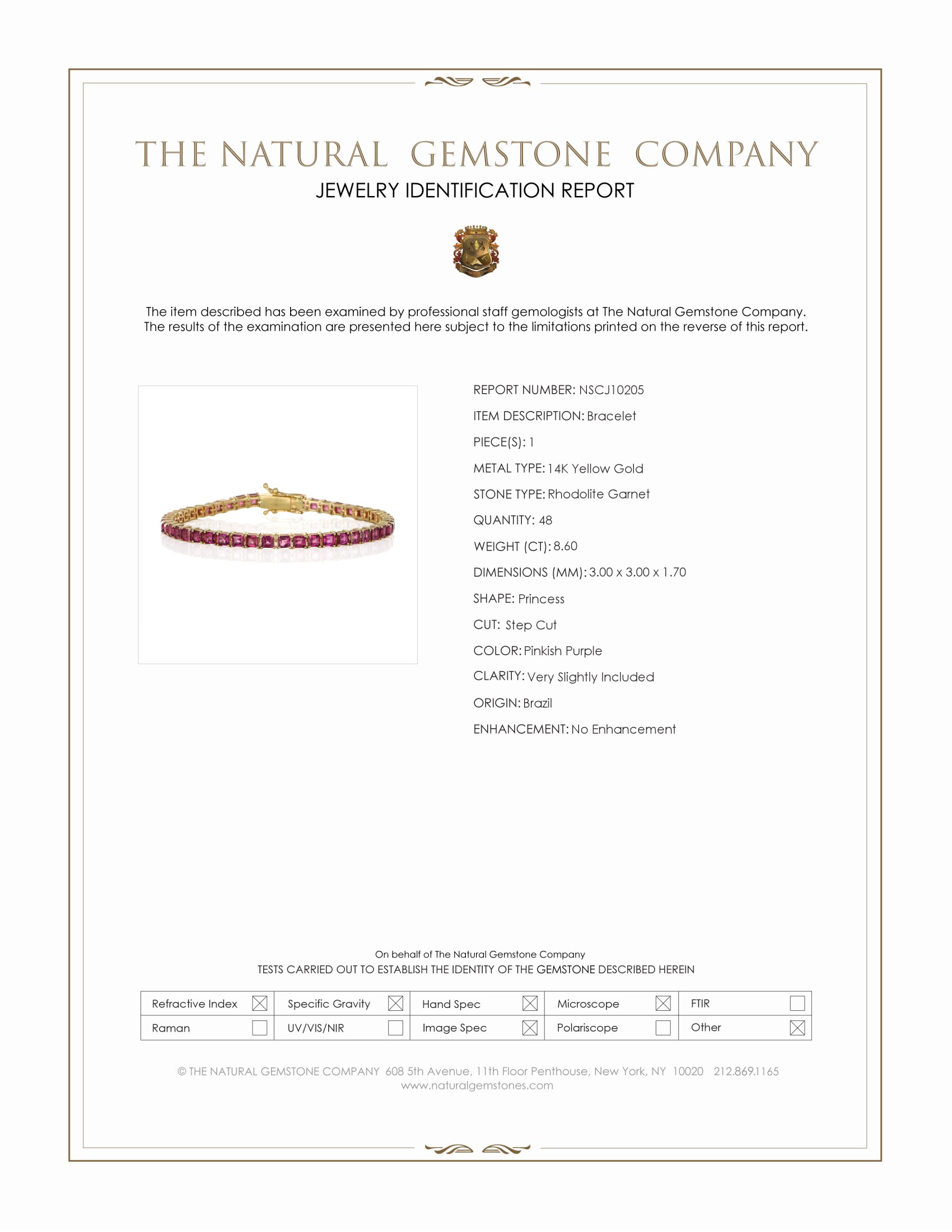 8.60 Ct.Tw. Pinkish Purple Rhodolite Garnet Tennis/Line Bracelet, 14K Yellow Gold