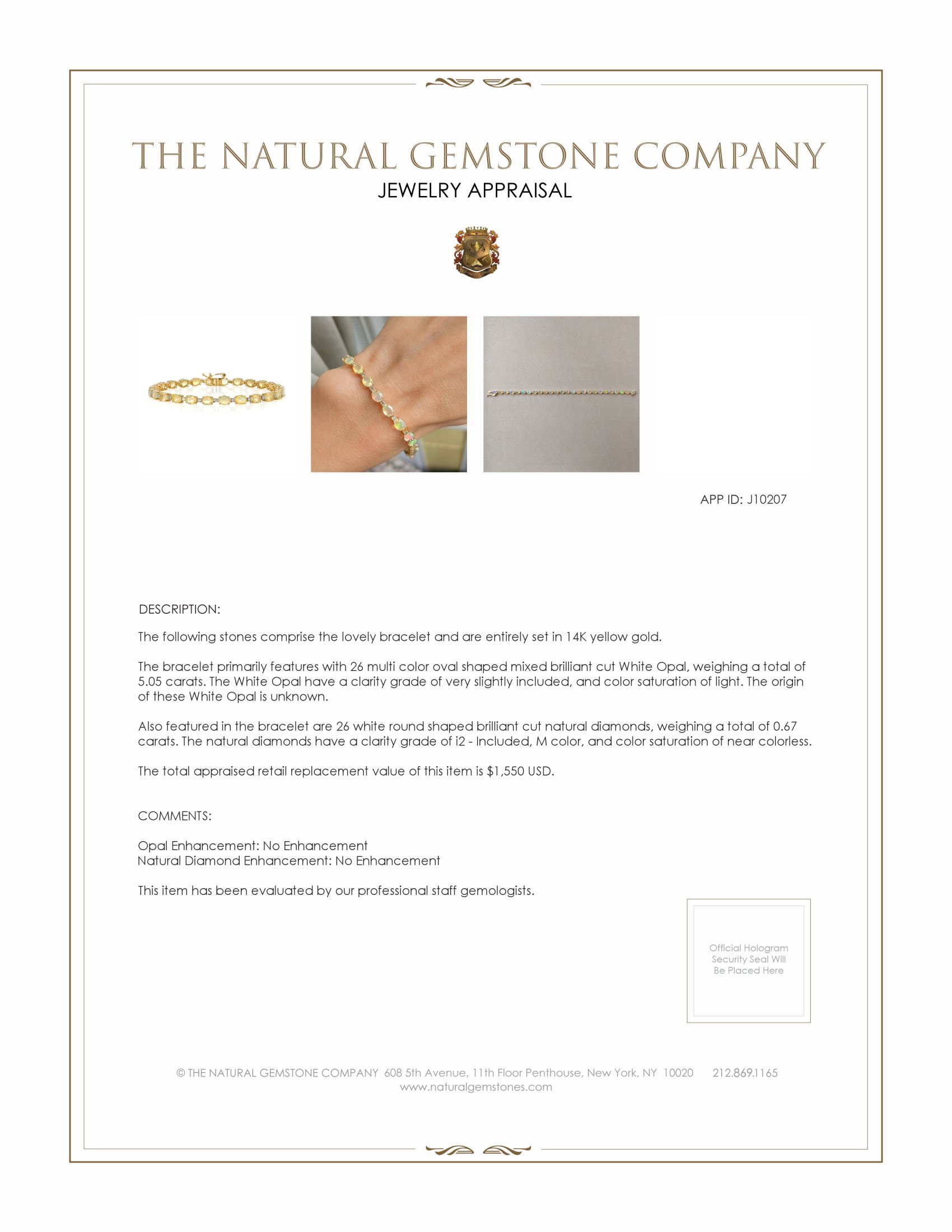 5.05 Ct.Tw. Opal Natural Diamond Accent Stones Bracelet, 14K Yellow Gold