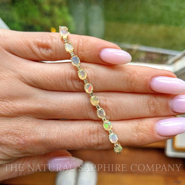 5.05 Ct.Tw. Opal Natural Diamond Accent Stones Bracelet, 14K Yellow Gold