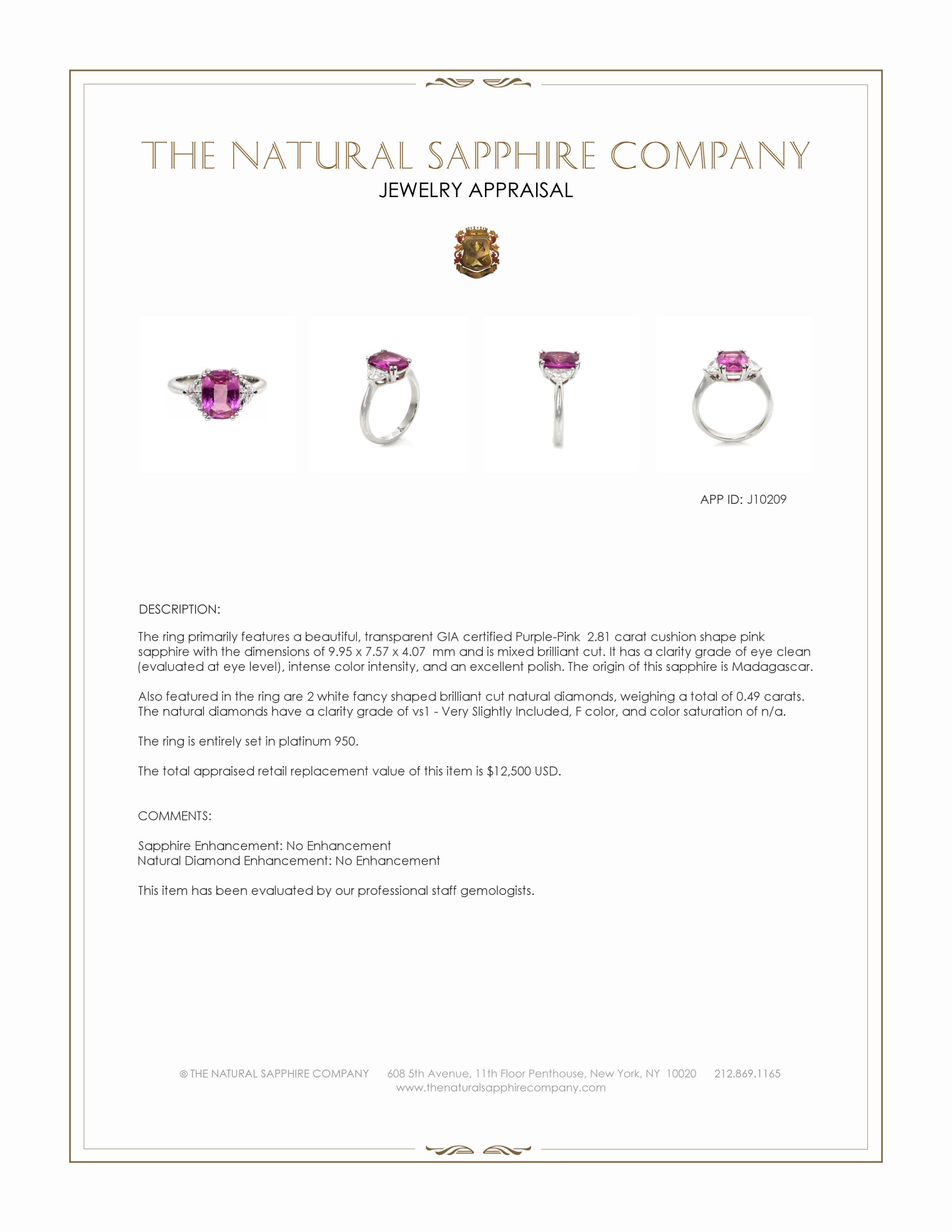 2.81 Ct. Pink Sapphire and Natural Diamond Three Stone Ring, Platinum 950