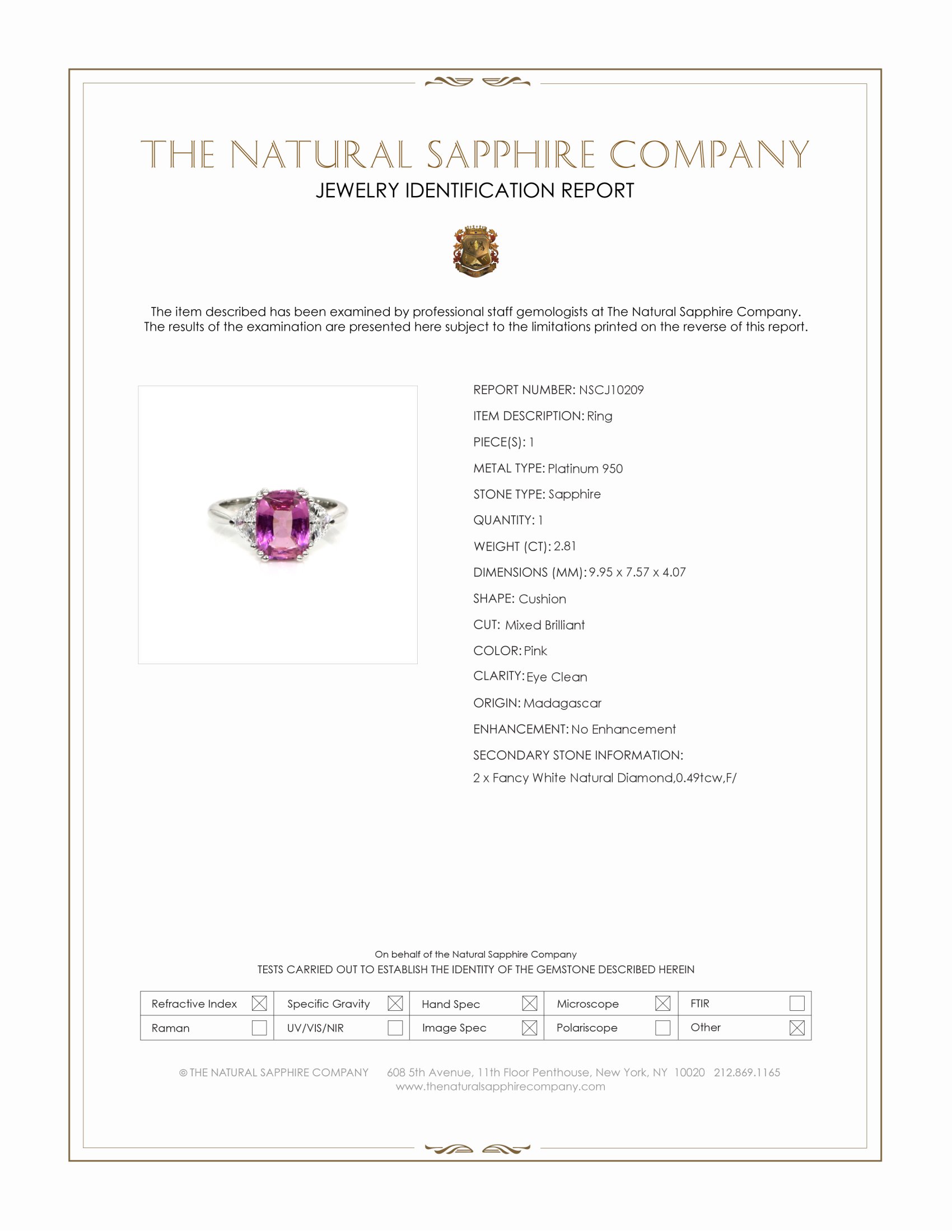 2.81 Ct. Pink Sapphire and Natural Diamond Three Stone Ring, Platinum 950