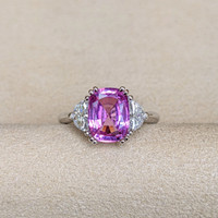 2.81 Ct. Pink Sapphire and Natural Diamond Three Stone Ring, Platinum 950 Life Style