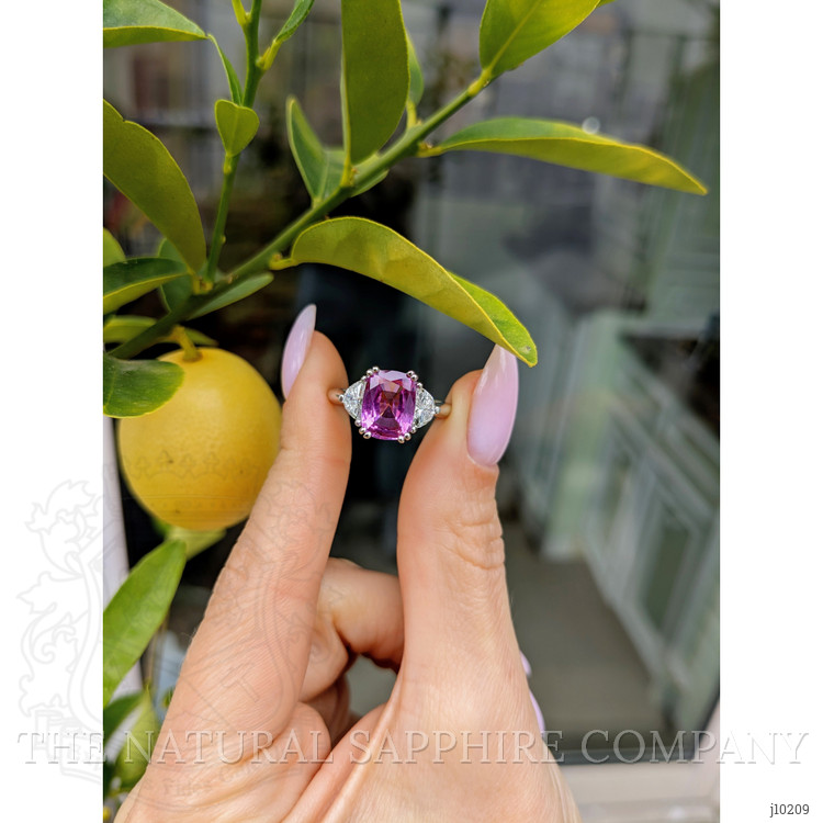 2.81 Ct. Pink Sapphire and Natural Diamond Three Stone Ring, Platinum 950