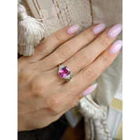 2.81 Ct. Pink Sapphire and Natural Diamond Three Stone Ring, Platinum 950 Life Style