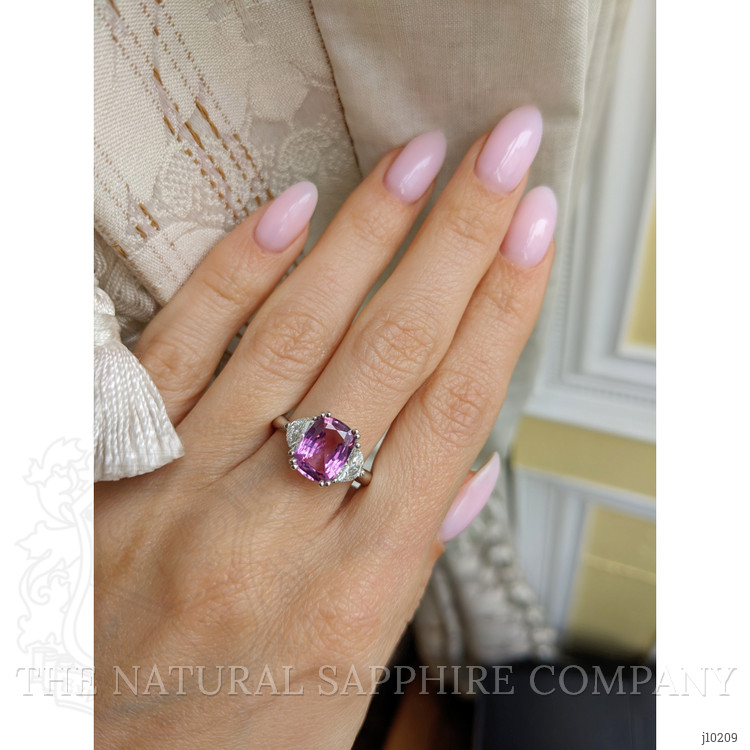 2.81 Ct. Pink Sapphire and Natural Diamond Three Stone Ring, Platinum 950