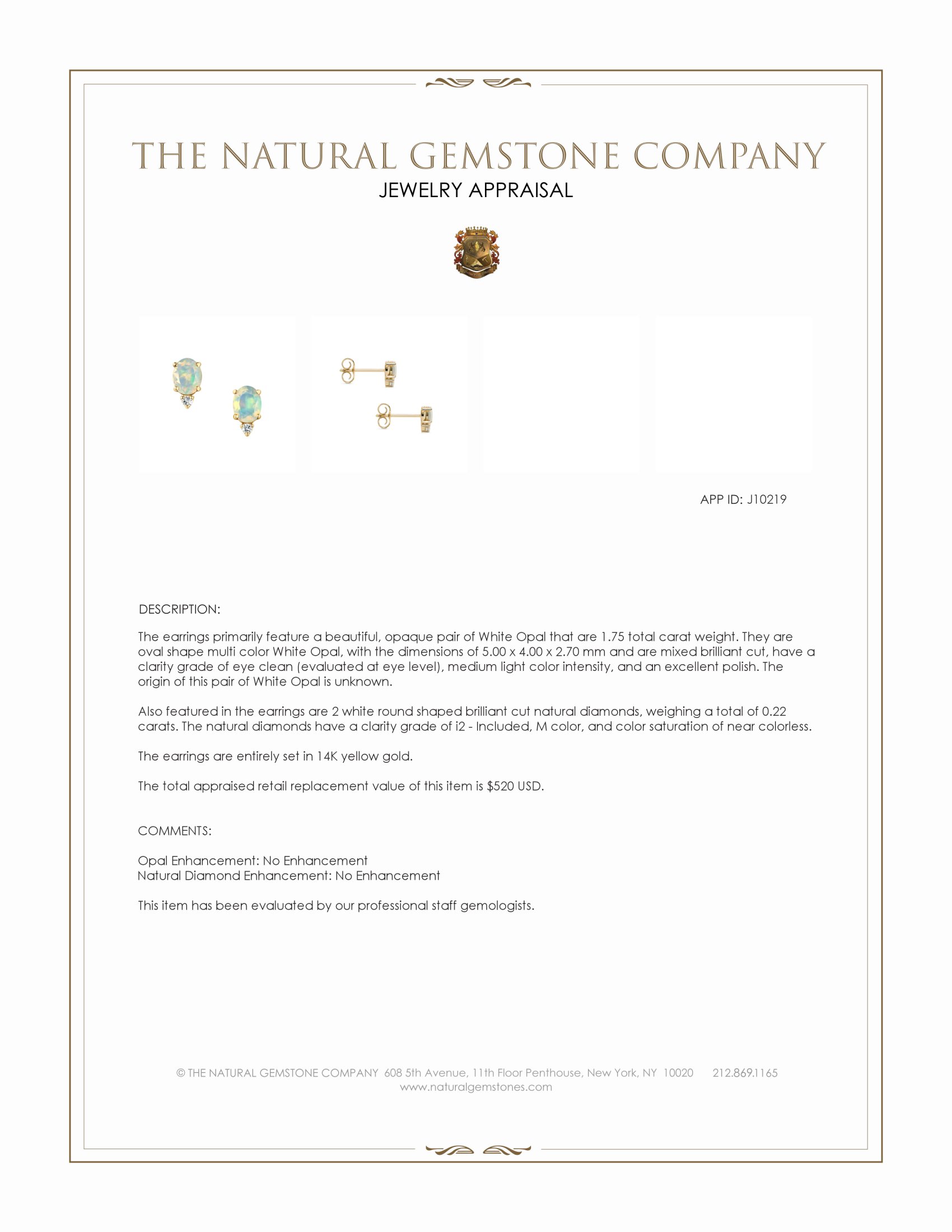 1.75 Ct.Tw. Multi Color Opal and Natural Diamond Studs Earrings, 14K Yellow Gold