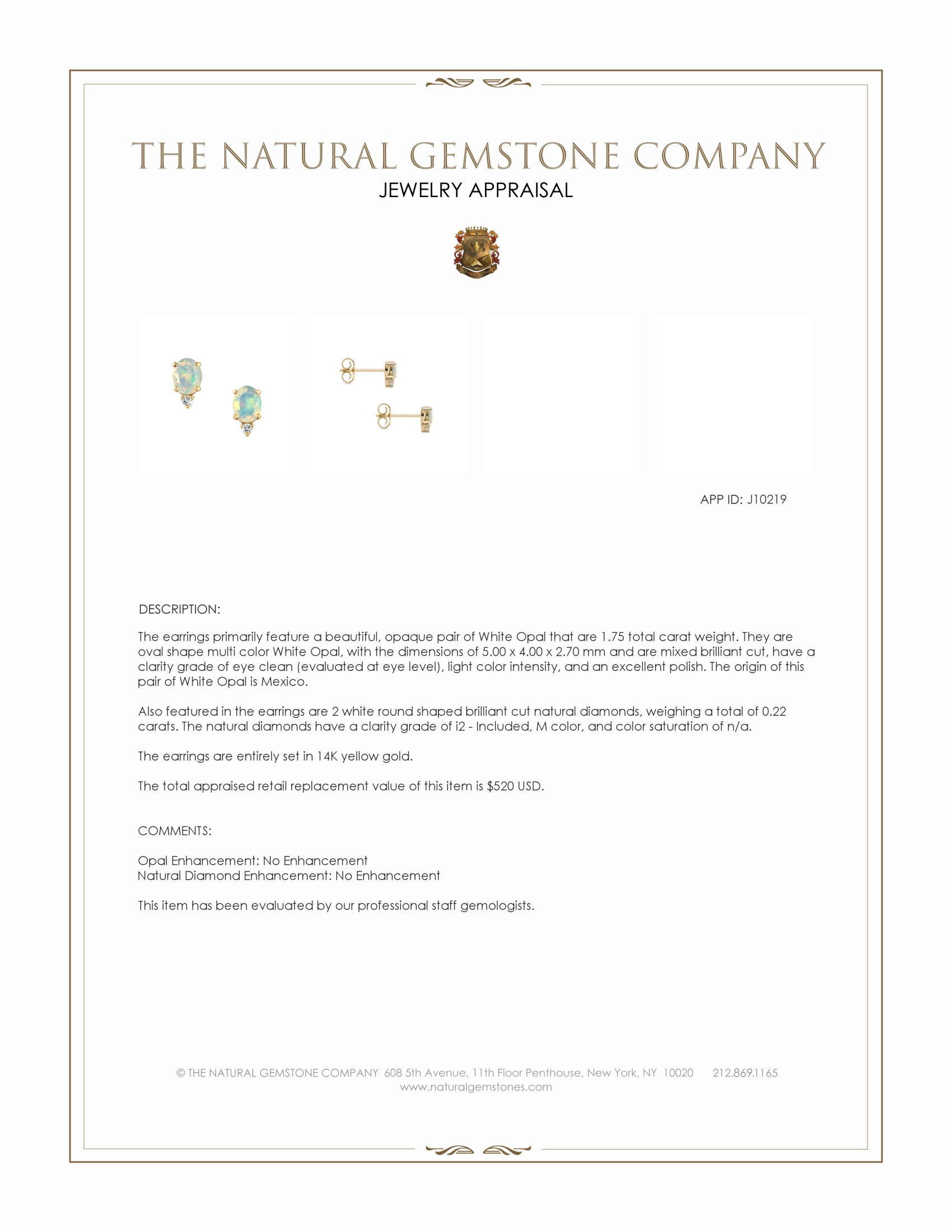 1.75 Ct.Tw. Multi Color Opal and Natural Diamond Studs Earrings, 14K Yellow Gold