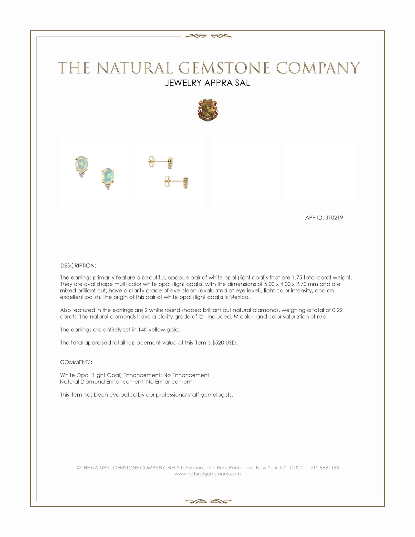 1.75 Ct.Tw. Multi Color White Opal (Light Opal) and Natural Diamond Studs Earrings, 14K Yellow Gold
