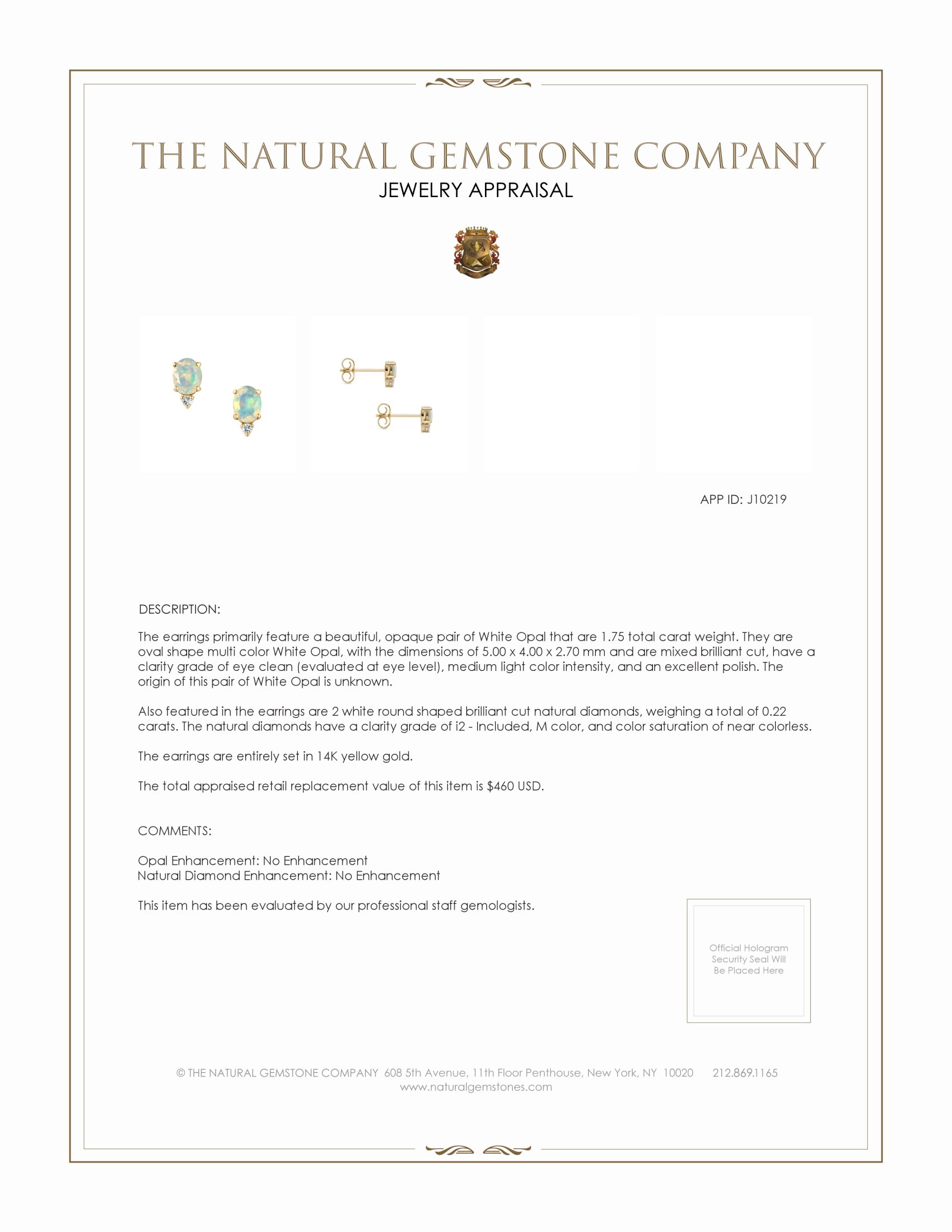 1.75 Ct.Tw. Opal Natural Diamond Studs Earrings, 14K Yellow Gold