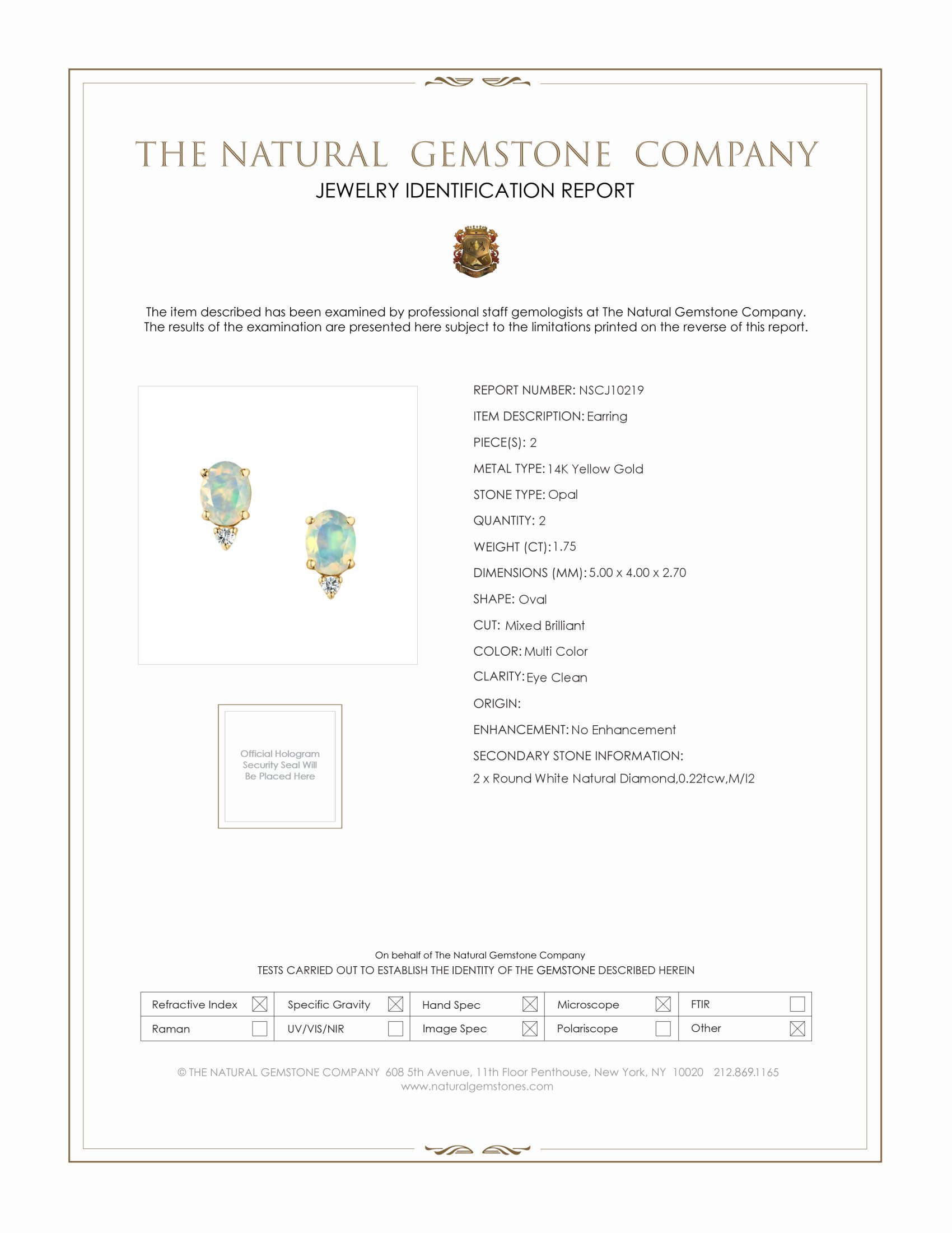 1.75 Ct.Tw. Opal Natural Diamond Studs Earrings, 14K Yellow Gold