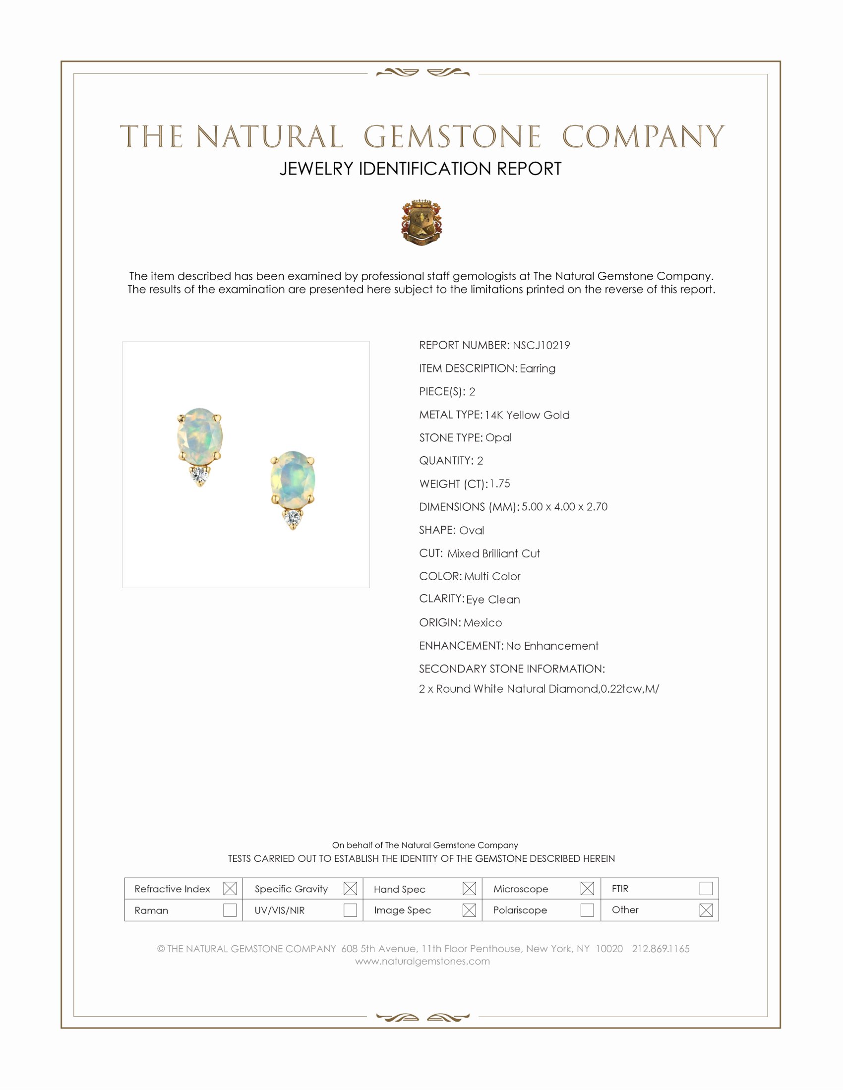 1.75 Ct.Tw. Multi Color Opal and Natural Diamond Studs Earrings, 14K Yellow Gold